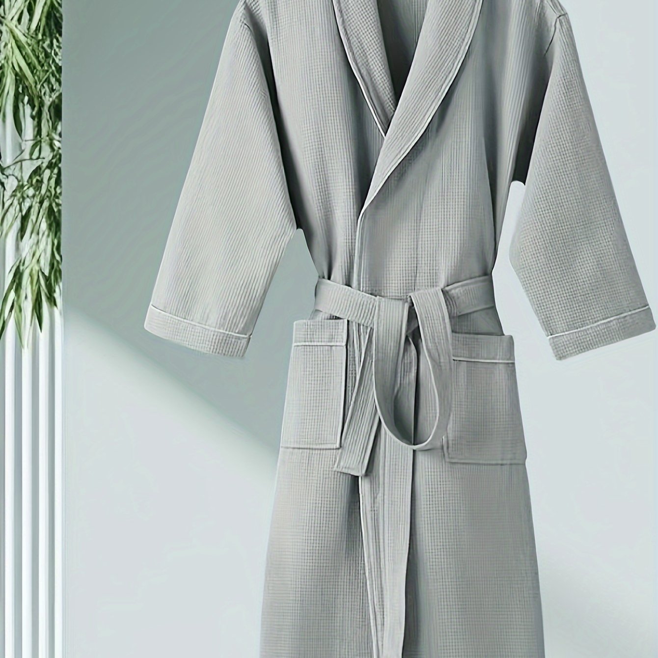 Image of 1pc Of Men's All Waffle Shawl Collar, Sweat Absorbing And Breathable Bathrobe, Hotel Yukata, Couple's Casual And Fashionable Home Swimming Essential Pajamas