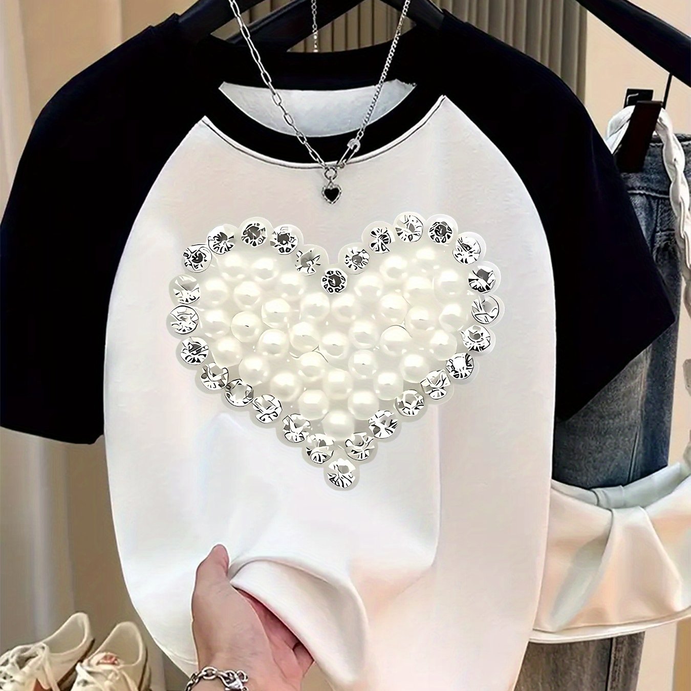 TEMU Color-block Women's Fashion T-shirt, Printed Neck T-shirt, Women's Casual Short Sleeve T-shirt