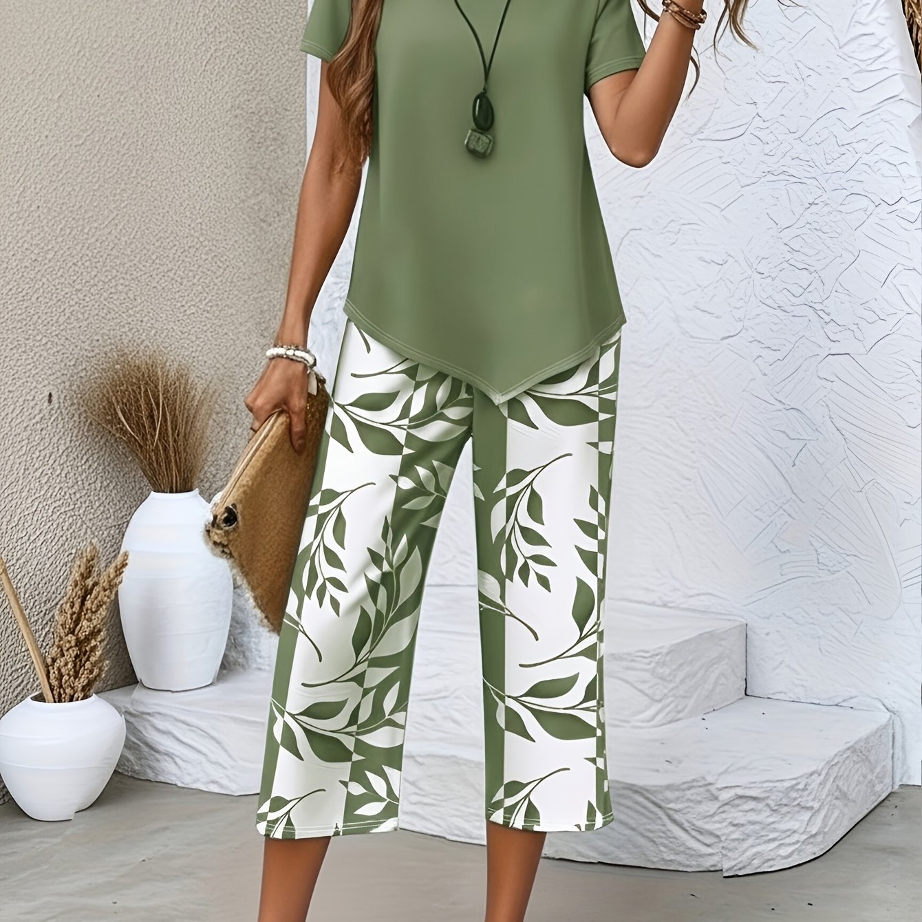 TEMU Spring And Summer Women's Casual 2pcs Set, Light Blue Short-sleeved Crew Neck Top, Blue And Printing -point Wide Legs, Loose And Comfortable,