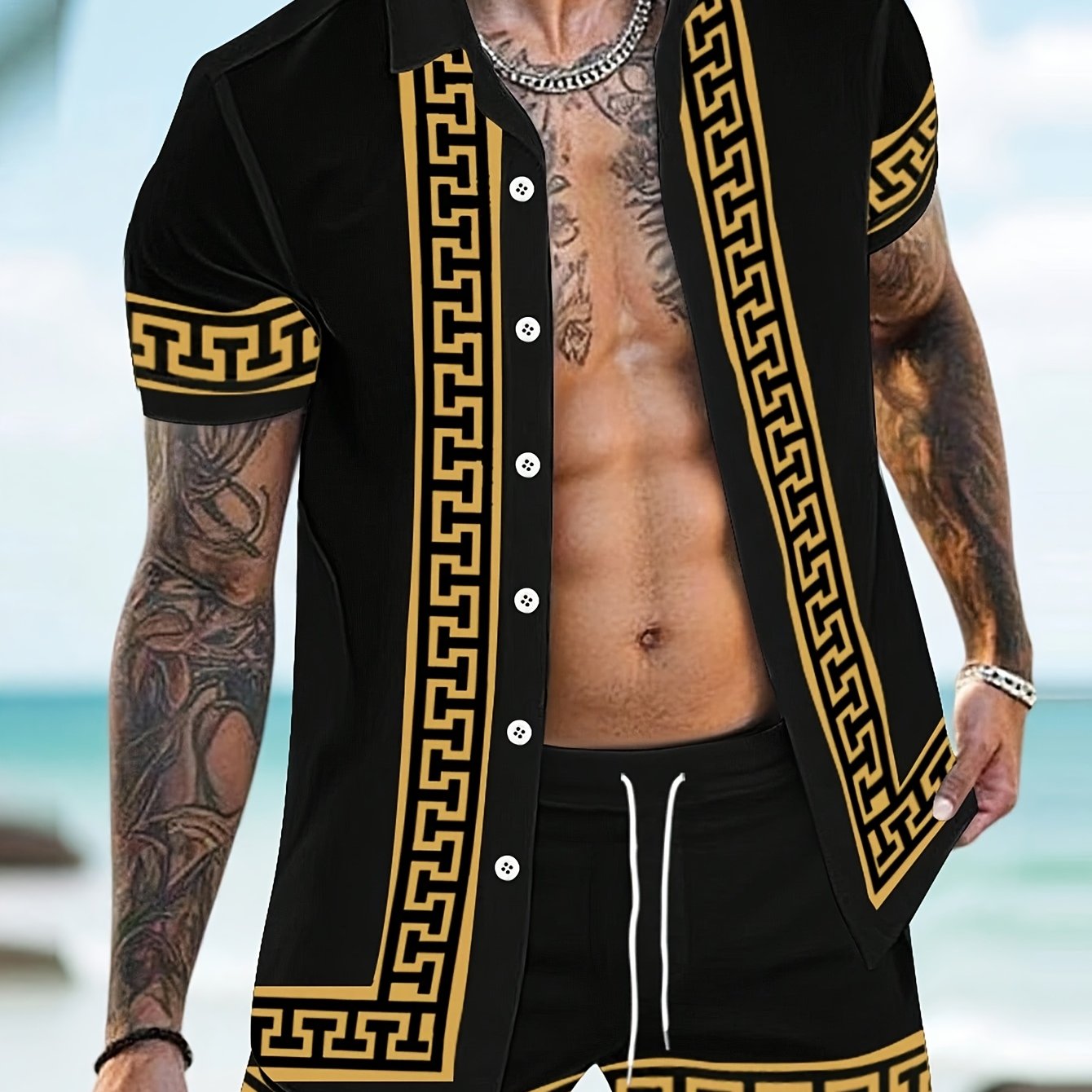 TEMU Men's Style Short-sleeve Shirt   Drawstring Athletic Shorts 2pcs Set With Geometric Pattern Print, Suitable For Casual Beach