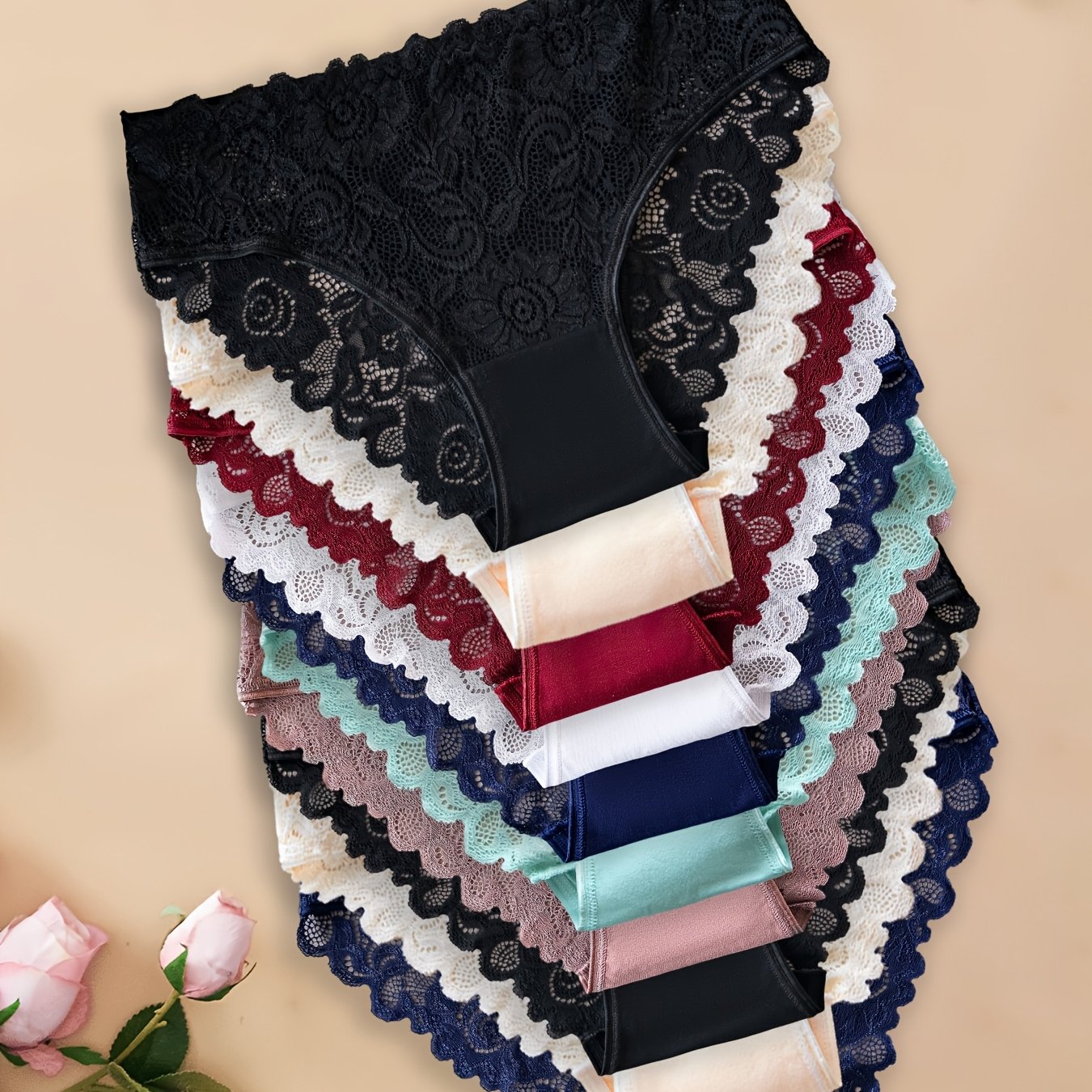 10pcs Solid-color Women's Sexy Lace-paneled Panties With Floral Cutouts