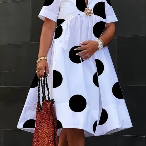 lemogro womens plus size dress 2025 summer short sleeve black and white polka dot casual a line skirt with chest flower 4xl 5xl