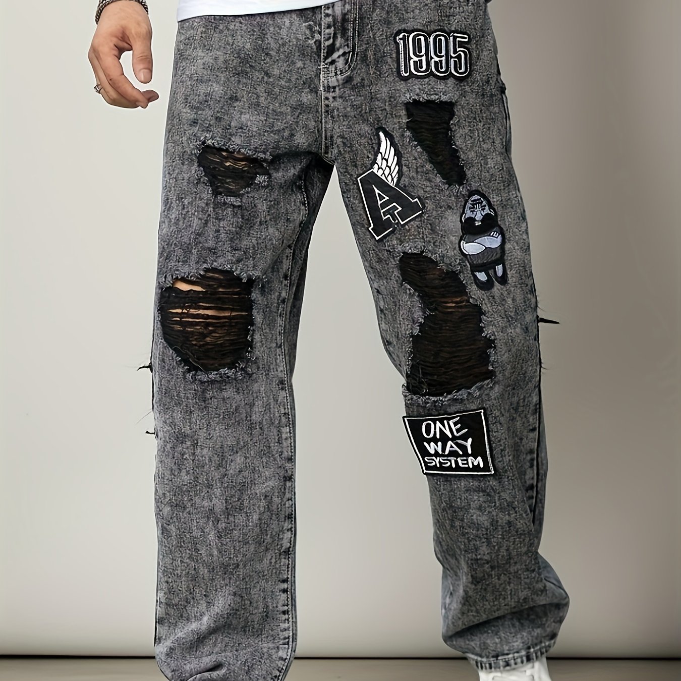 Men's Jeans Long Pants Gray Men's Ripped Wide Leg Print Trendy Casual Style Vintage Hip Hop Style Streetwear Fashion Ins