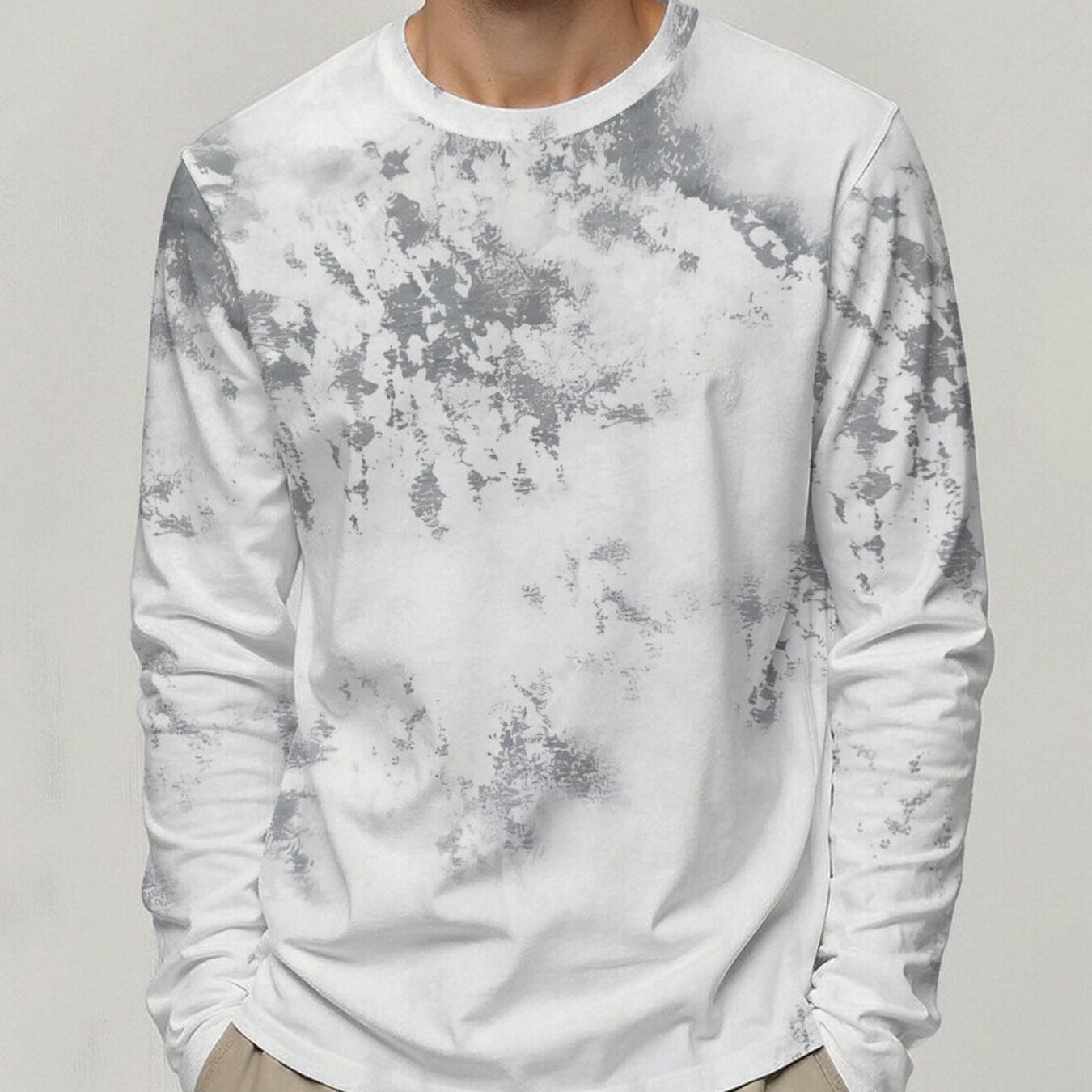 TEMU Spring And Autumn Men's Round Neck Long Sleeve T-shirt With A Easy Ink-dyed Print, Stylish And Versatile, Perfect For Casual And Comfortable