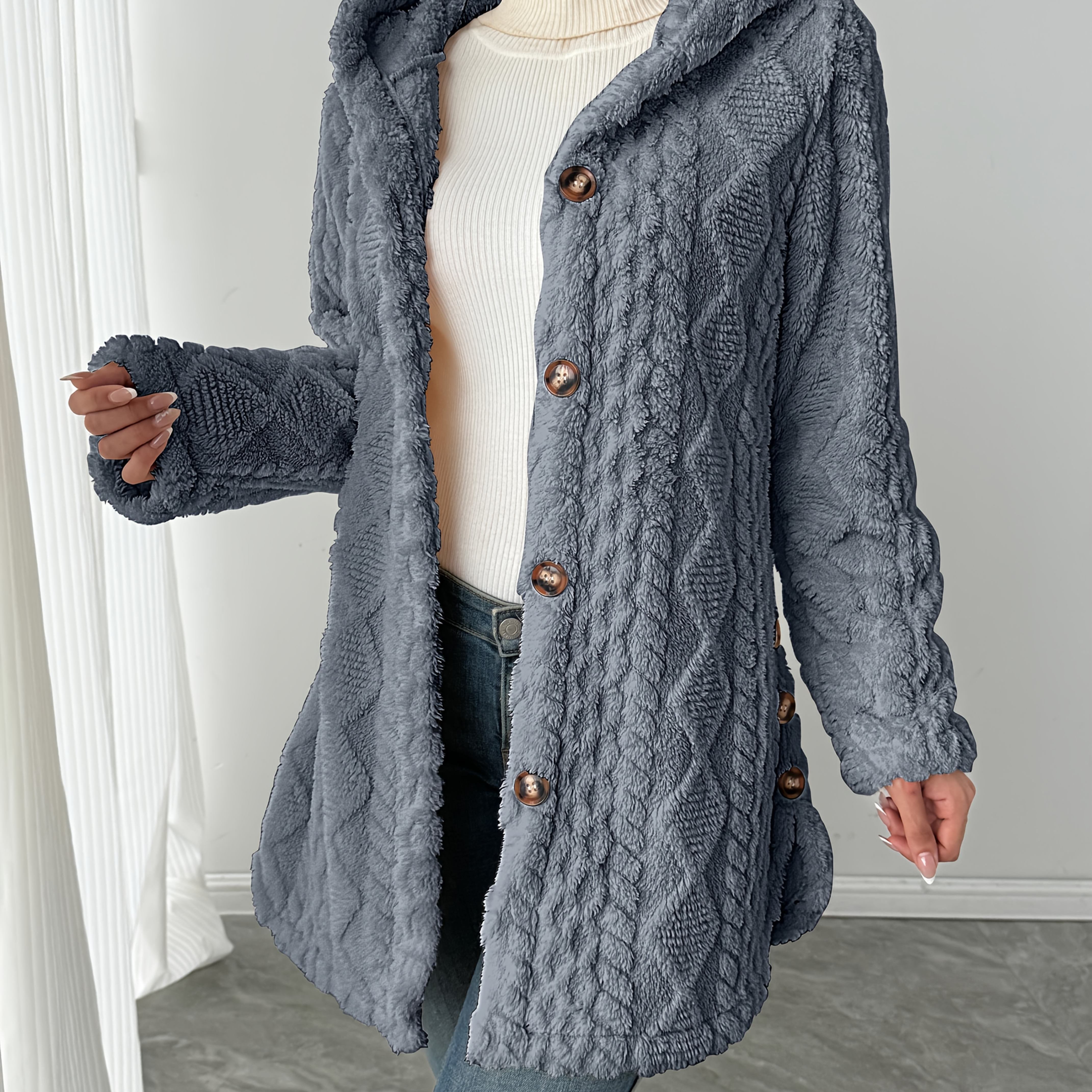 Image of [cat Ear Directional] 2025 Autumn/winter Geometric Texture Pattern, Solid Color, Hooded Mid-length Teddy Bear Long Sleeve Coat, Women's Elegant Style, Button Coat