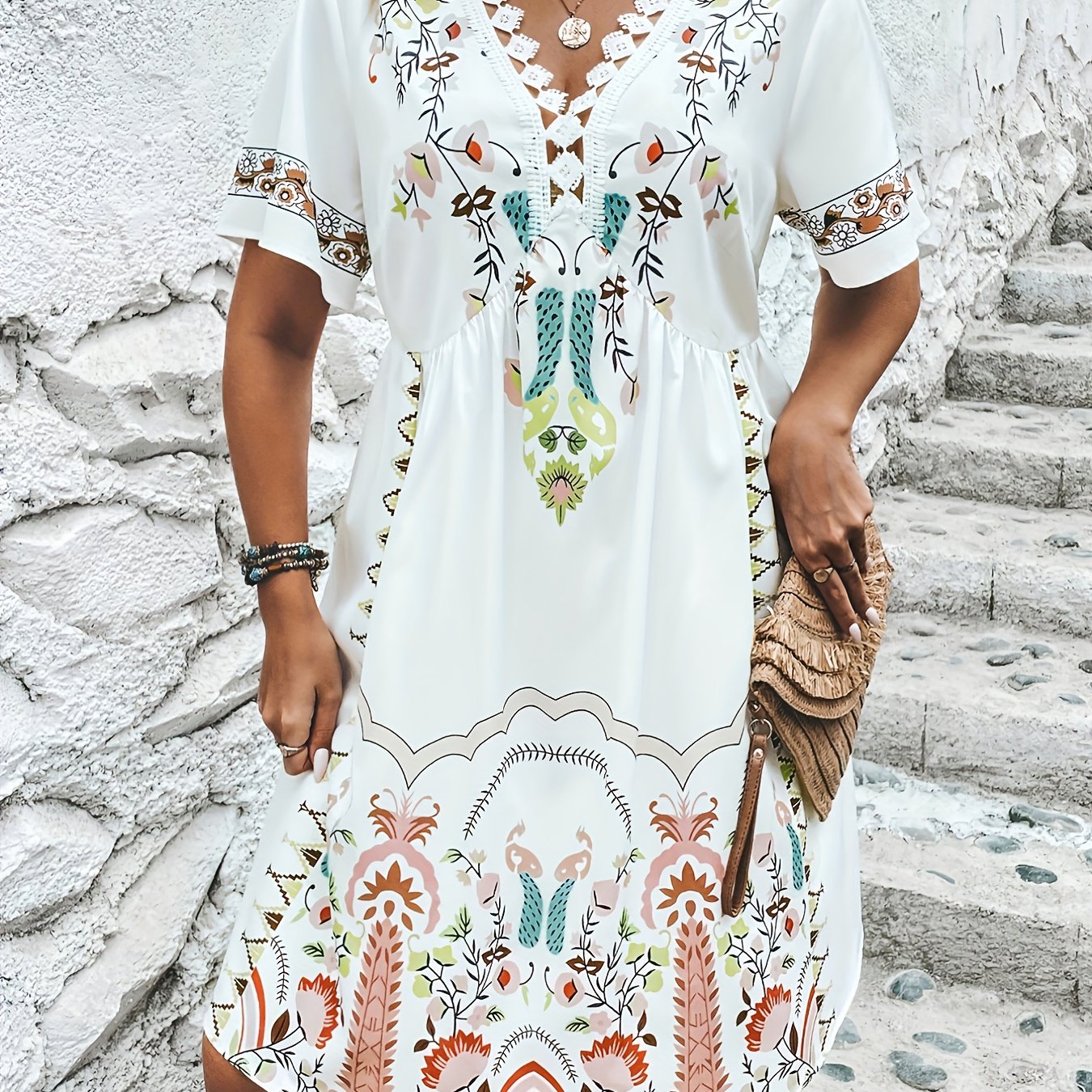 Plus Size Boho Dress Women's Plus Tribal Print Contrast Lace - Temu