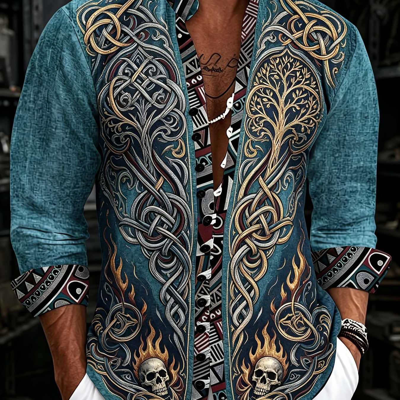 Image of Men's Dress Shirts Ethnic Vintage Print Soft Lightweight Breathable Fabric Smart Casual Bohemian Chic Tops For Daily Wear Festival Events Father's Day Gift Summer Essential