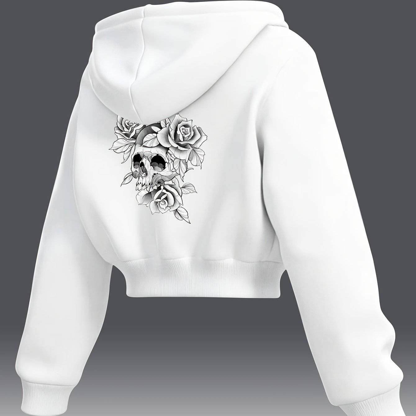 TEMU Autumn/winter Women's Cropped Hooded Sweatshirt, New Dark Gothic Style Skull And Rose Print, Women's Cropped Slim Fit, Thickened For