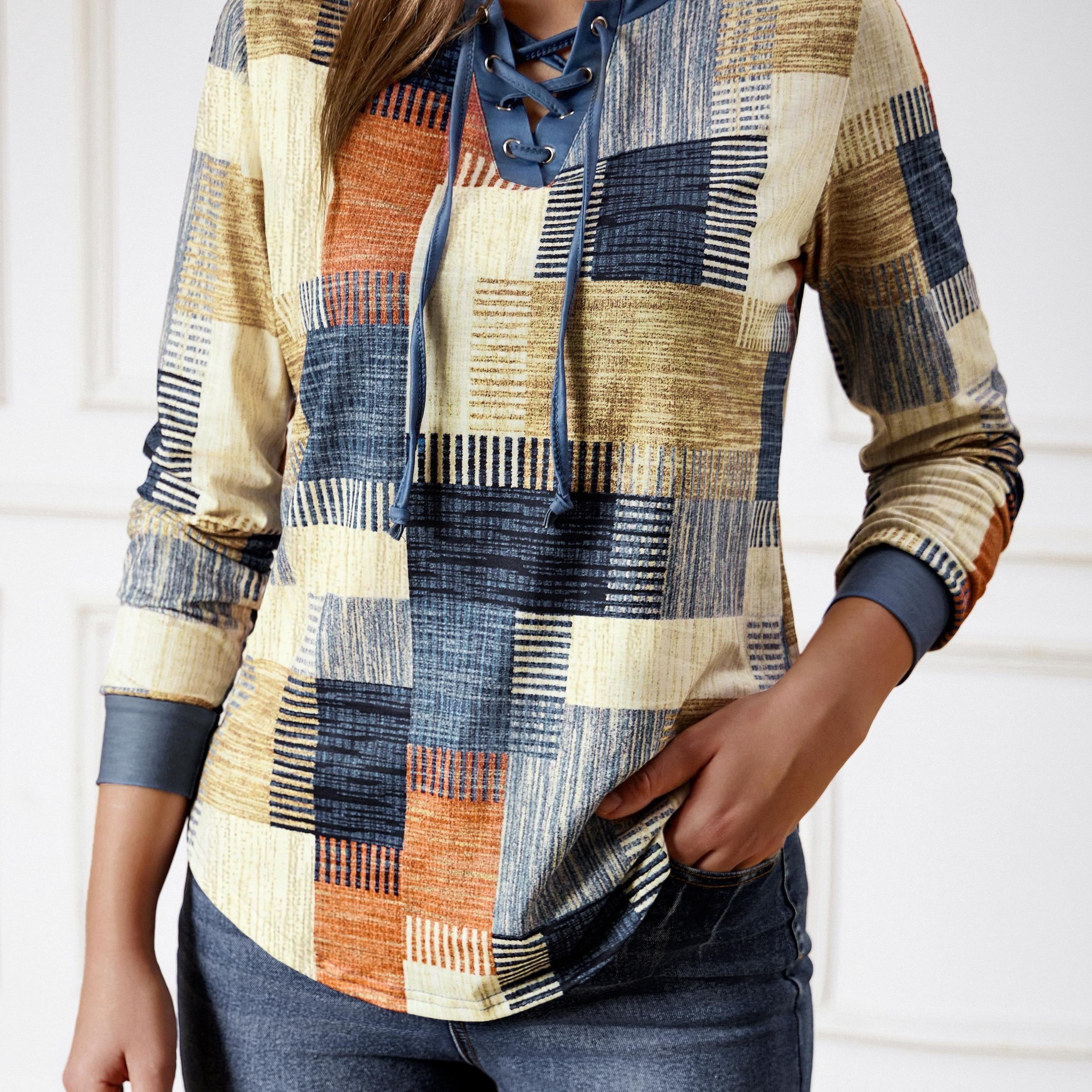 Lace-up Geometric Print Long Sleeve Women's Casual V-neck T-shirt