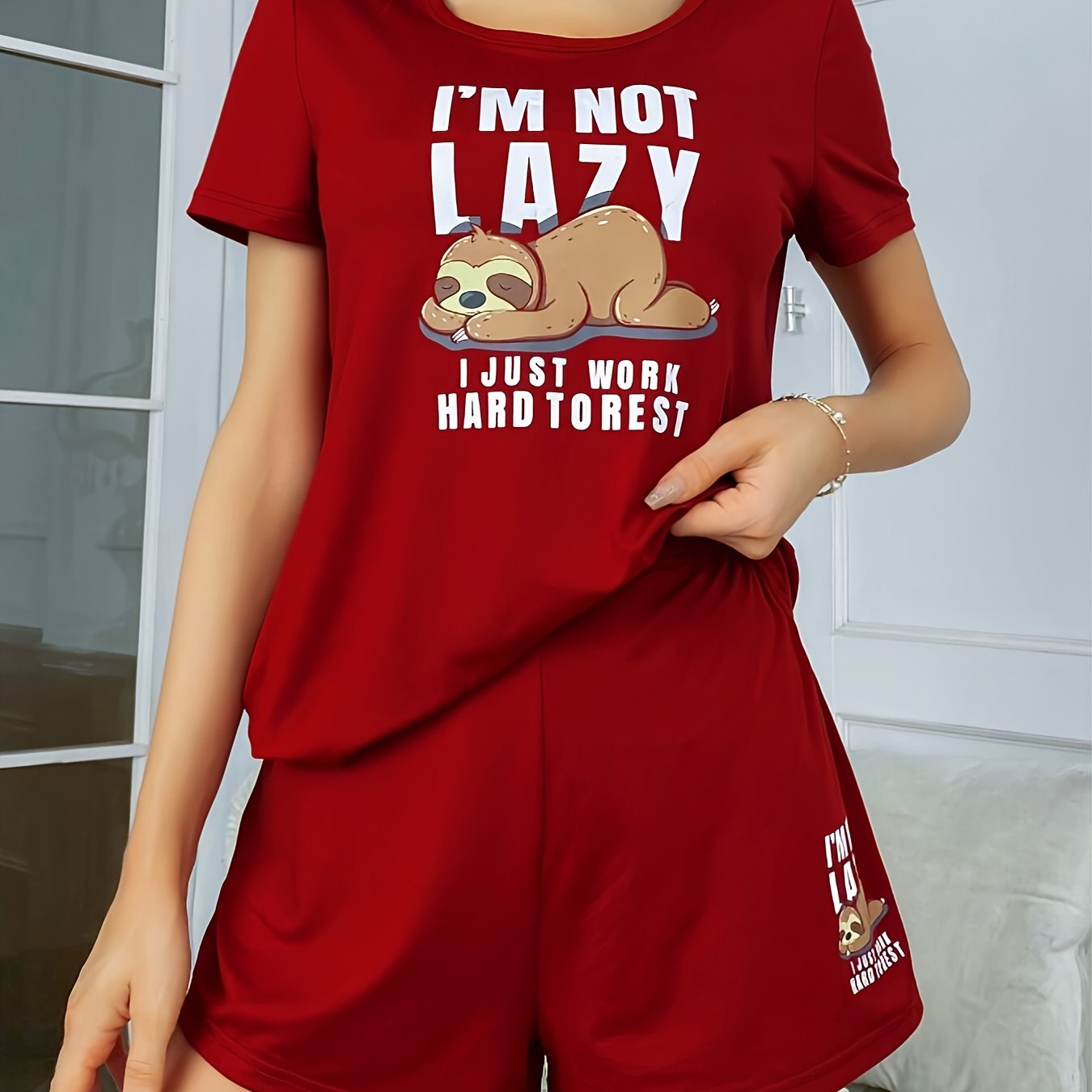 TEMU Cute Sloth & Slogan Print Pajama Set, Short Sleeve Round Neck Top & Elastic Shorts, Women's Sleepwear