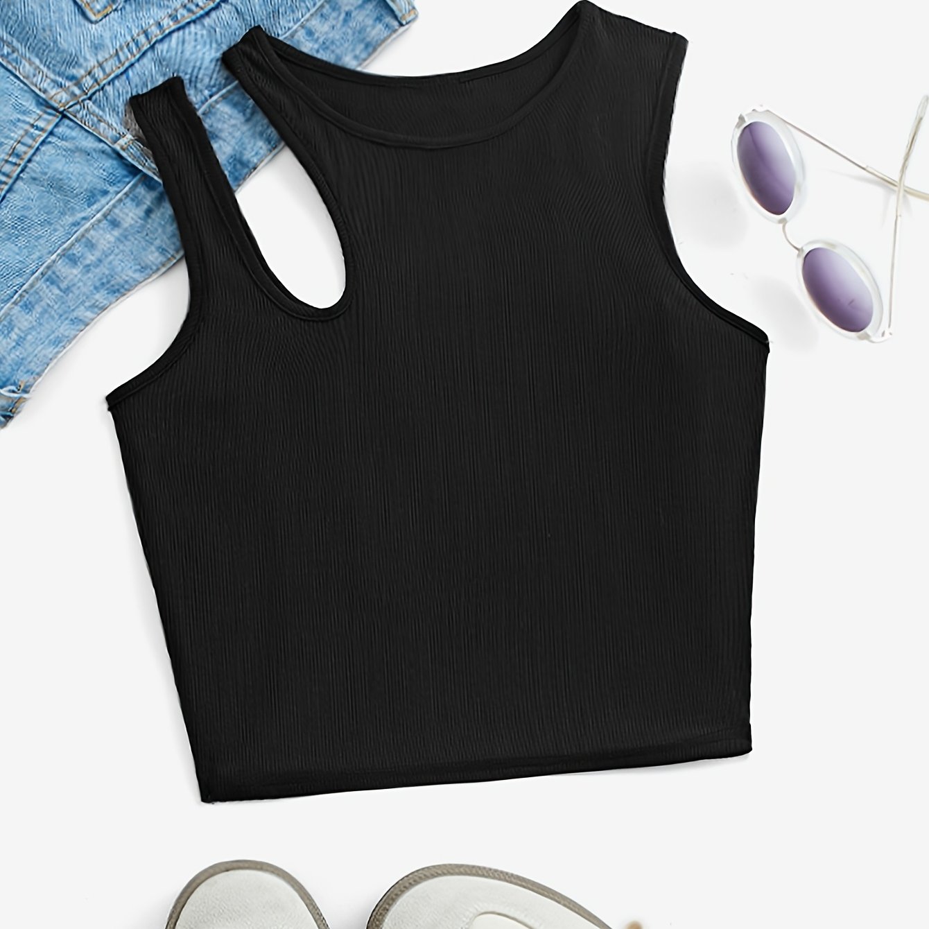 Image of Women's Korean-japanese Inspired Cropped Tank Top - Soft Round Neck Short Sleeveless Shirt With Cut-out Details, Breathable Solid Color Top For Spring/summer Casual Wear, Summer Fashion