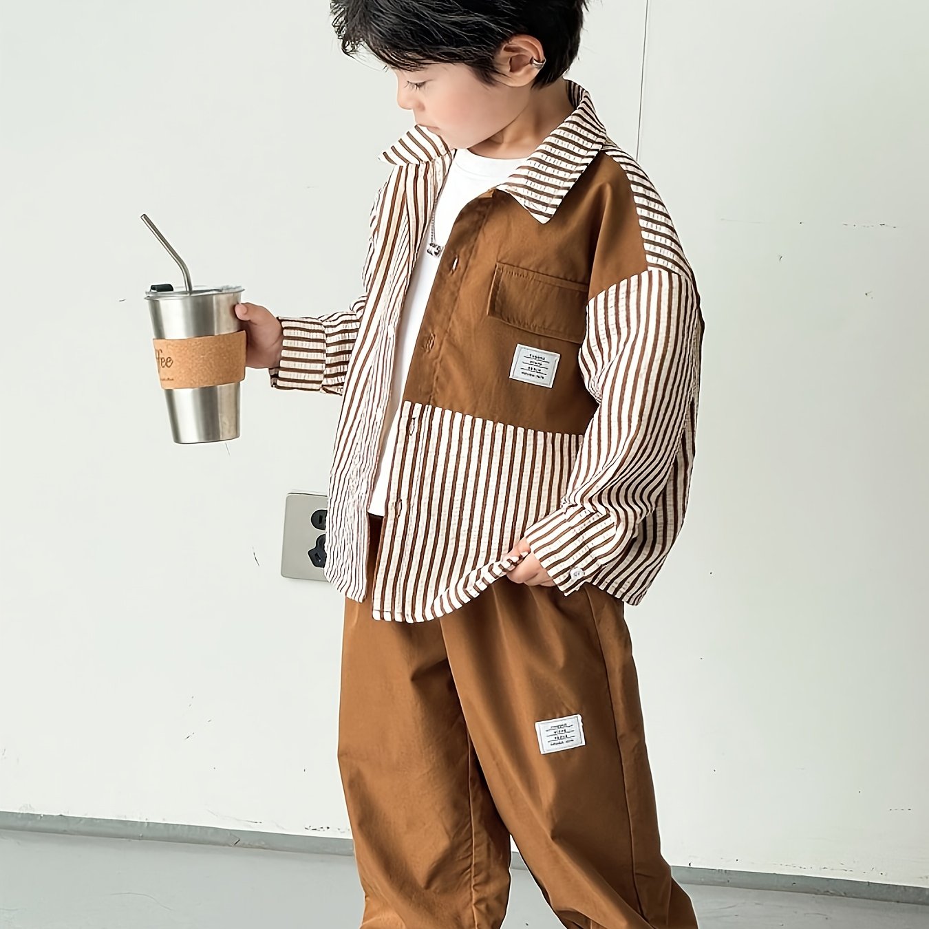 TEMU Boys' 2pcs Set: Comfortable, Casual, Loose-fit Korean-style Fashion Striped Long-sleeve Shirt And Pants Set. Suitable For Various Occasions Such