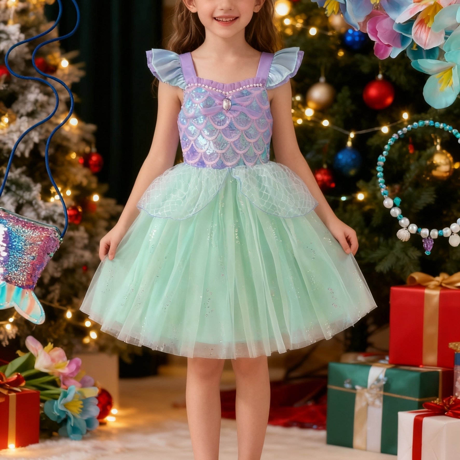 Image of Girls' Dress With Sleeves And X-pattern, Dress, Flutter Sleeves Camisole Princess Dress, Cute Sequined Mesh Dress, Ballgown Formal Wear, Christmas Summer Clothing