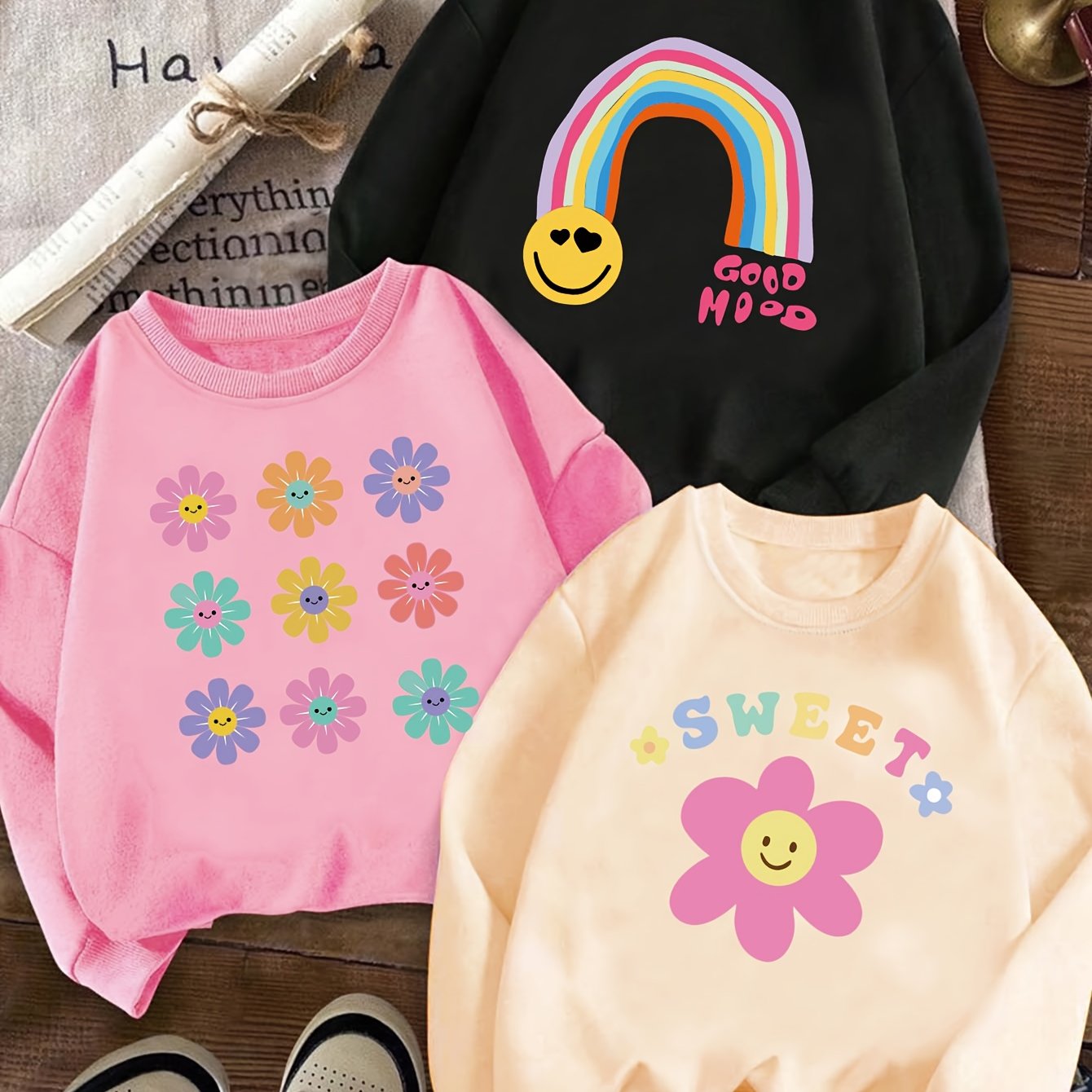 Image of Three-piece Spring And Autumn Hoodie Set For Girls, Featuring , , And Floral Prints, A Creative And Versatile Combination For Casual Wear