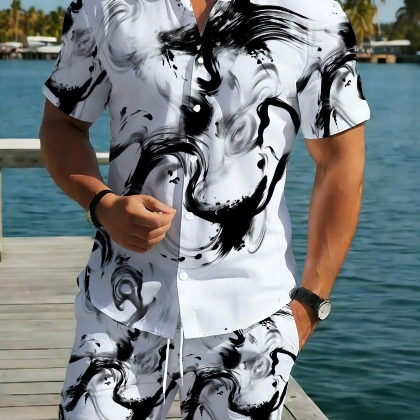TEMU [printed Design Not Textured]men's Short Sleeve Shirt And Pants Set, Lightweight Polyester Swimwr With Bla White Dragon Print, Casual B Wr For