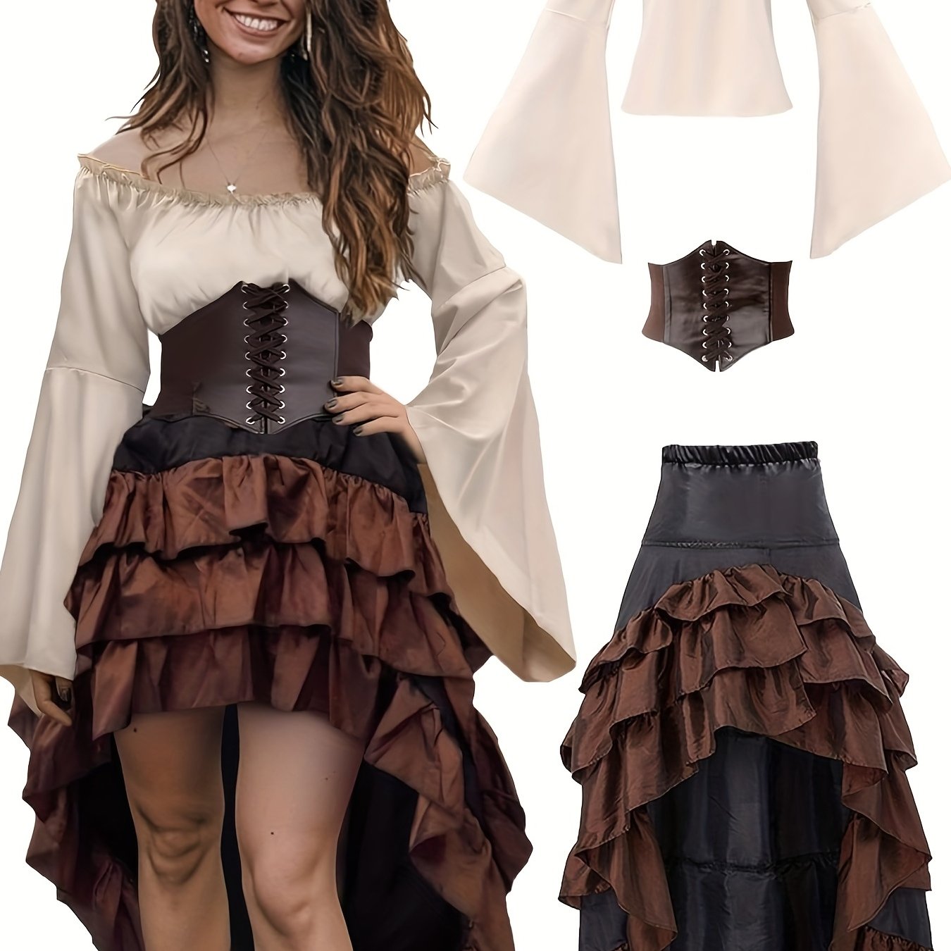 European And Style Skirt, Irregular Ruffle Hem Maxi Skirt, Multi-piece Set