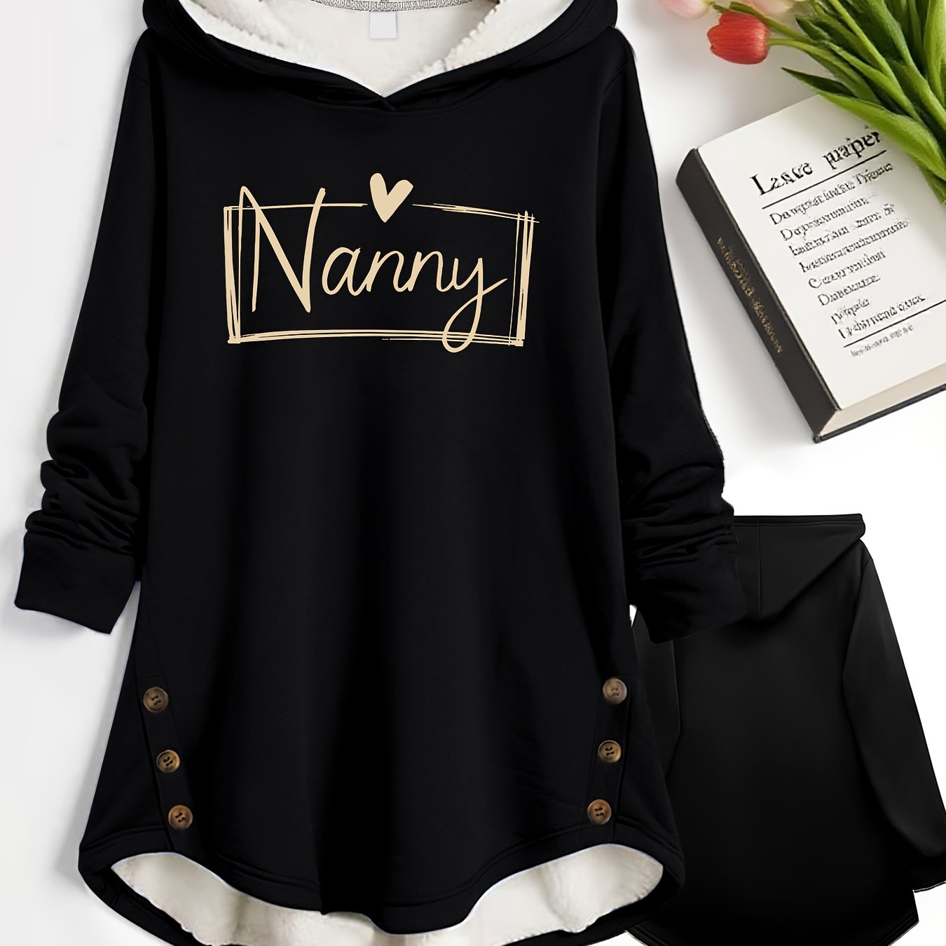 TEMU Women's Warm Fall/winter Hooded Coat - Lined Hood, Hoodie Sweatshirt Printed Pattern , Letter Print Soft Material Hoodie With Rope | Washable,