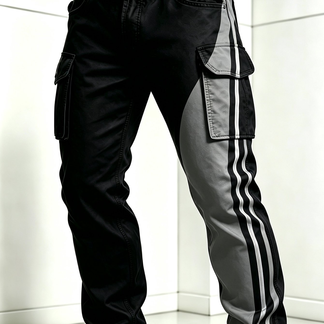 Image of Men's Digital Printed Black Gray Color Block Cargo Pants, Casual Multi-pocket Trousers For Daily Outdoor Activities