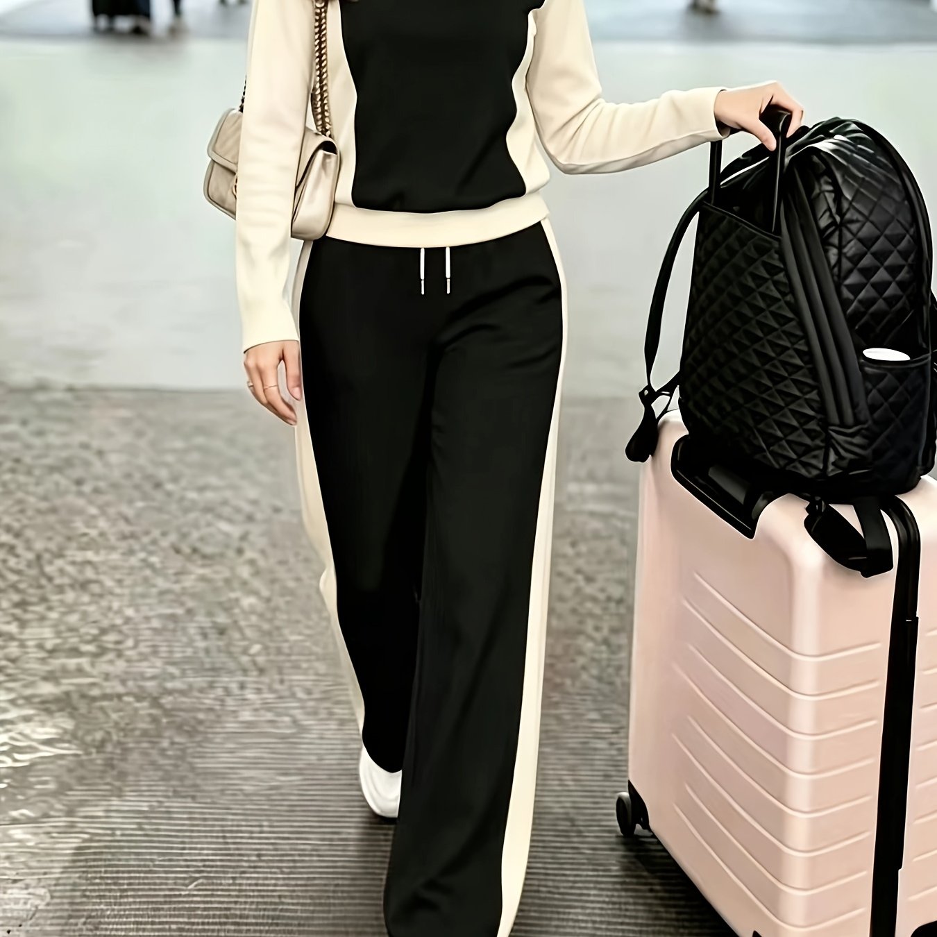 TEMU Women's Casual Color-block Set, 2pcs High-waist Loose Straight-leg Pants, Long-sleeve And Pants Color-block Set