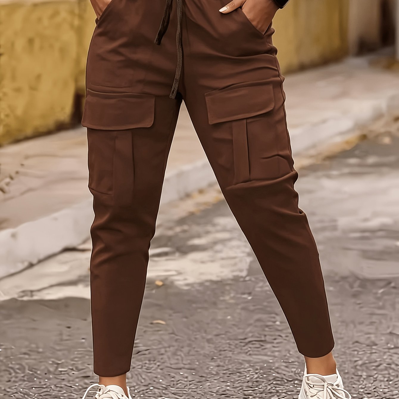 TEMU 1 pantalon cargo de jogging pour femmes, cordon de serrage et taille élastique, pantalon décontracté multi-poches, coupe slim, tissu , pour le