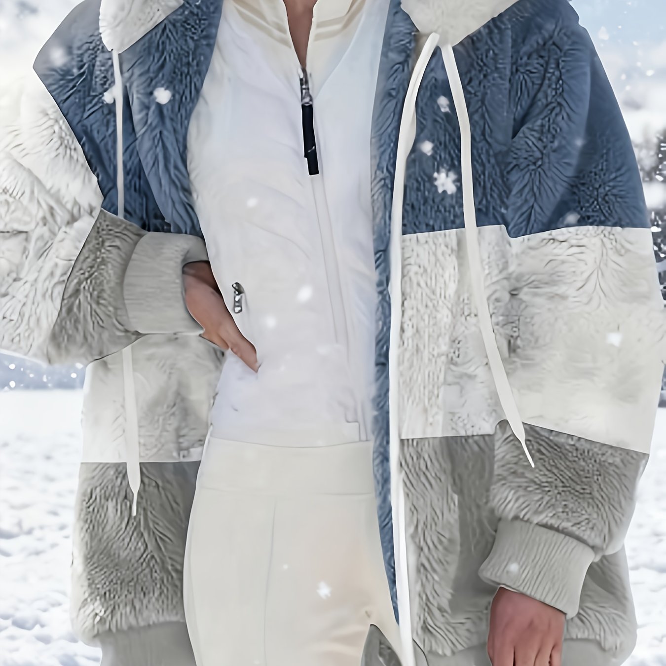 TEMU Ladies Striped Plush Warm Coat Versatile Various Styles, Hooded Coat Color Block Casual Hooded Zipper Drawstring Long-sleeved Coat Casual Plush