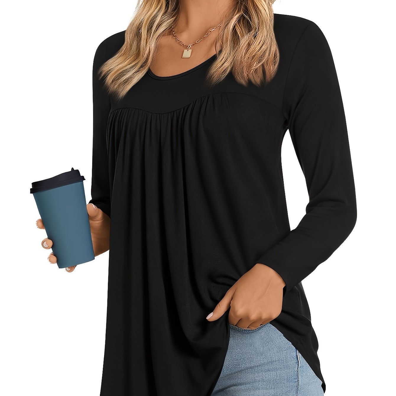 TEMU Women's Fashion Top, Elegant Comfortable Casual Chest Basic Shirt, Loose Round Neck Long Sleeve Pullover