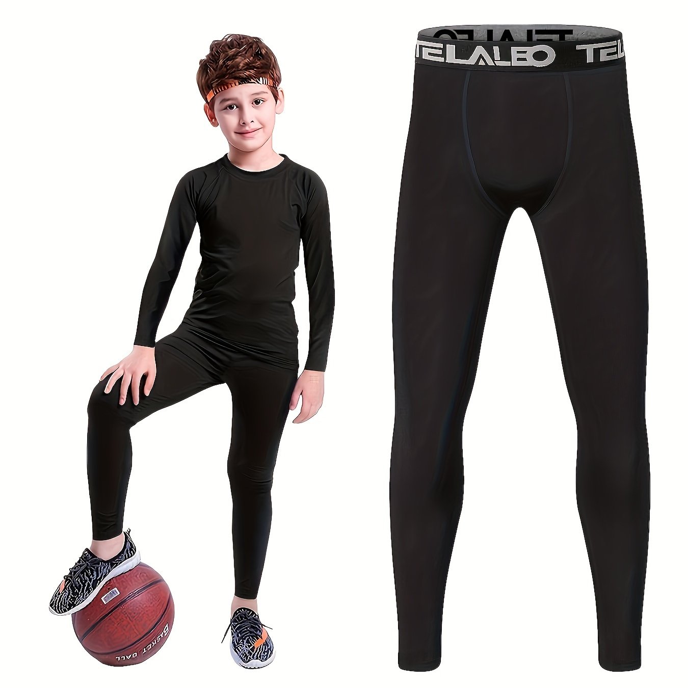 TEMU Telaleo Boy's Elastic Leggings, Quick Drying Breathable Active Pants For Outdoor Running Training Athletic Sports