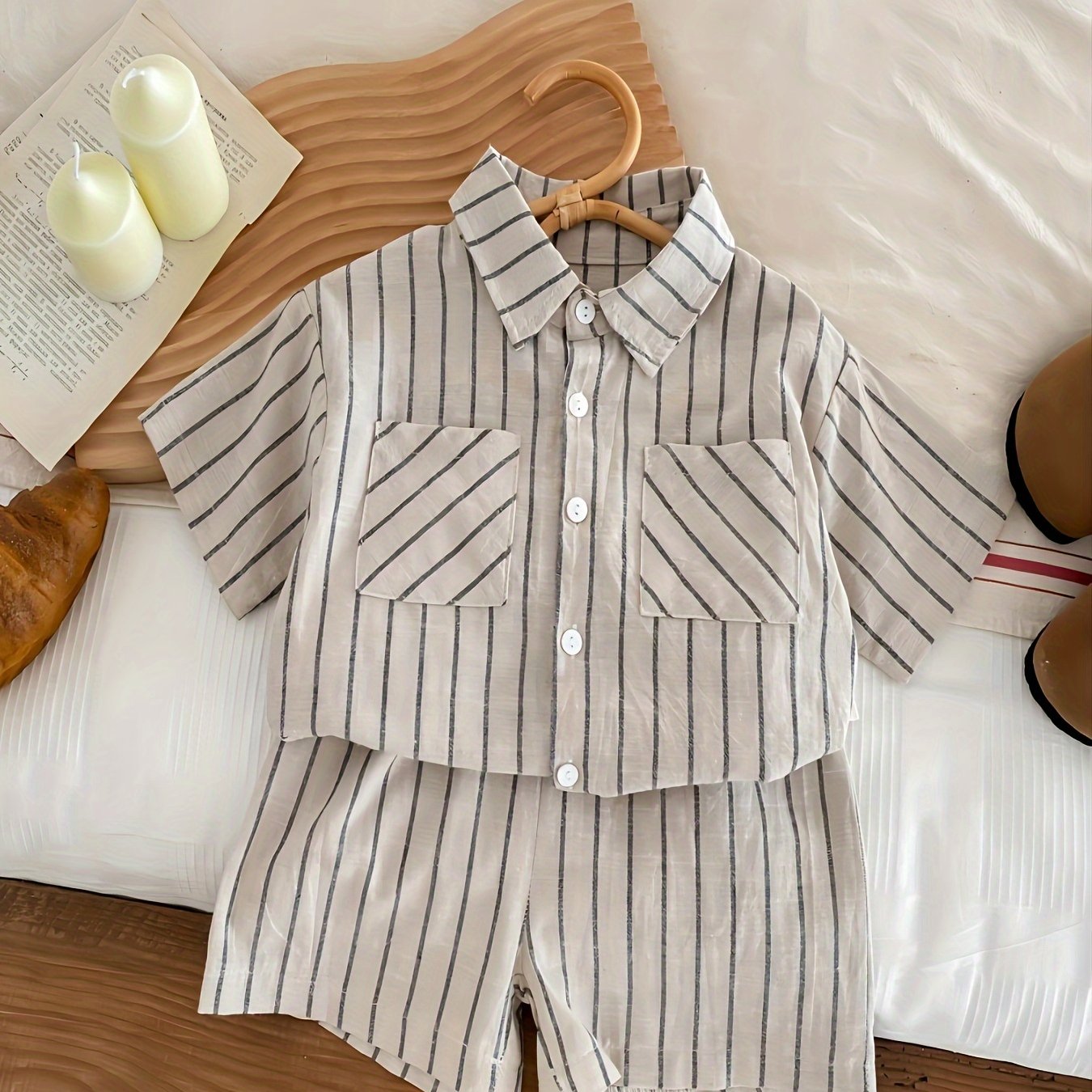 Summer Striped Collar Short Sleeve + Shorts Set, Perfect For Outdoor