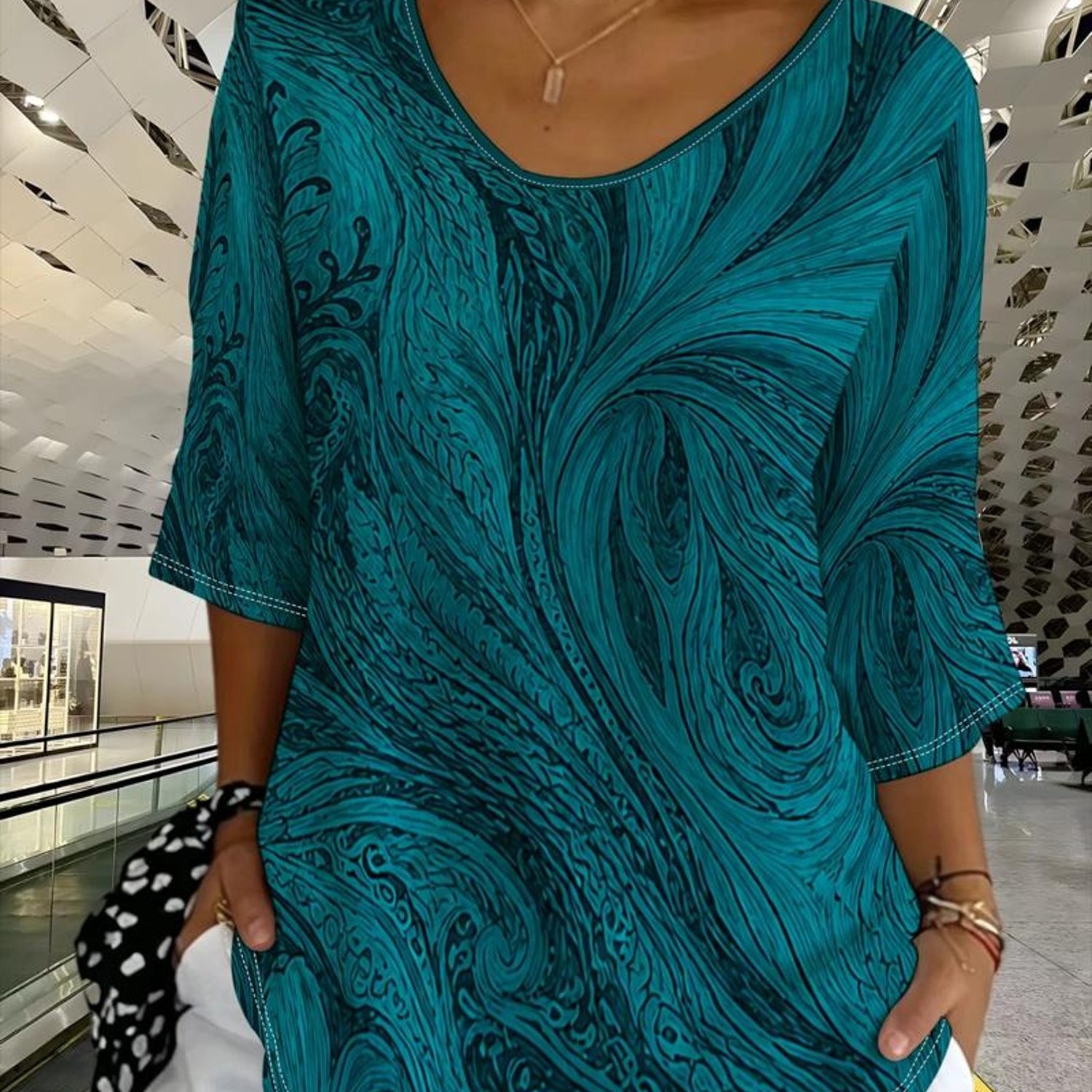 TEMU Plus Size - [printed Design-not Textured] Plus Size Women's Top, Exquisite Seamless Pattern, Flowing Silhouette, Decorative Plant Inspiration,