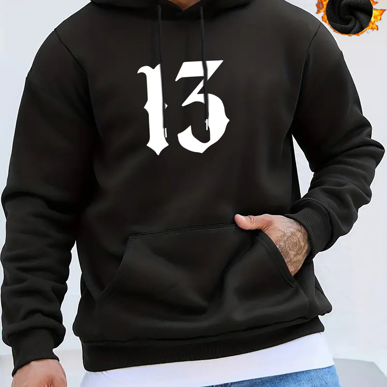TEMU 13 Print Men's Warm Punk Style Pullover Round Neck Hoodies With Kangaroo Pocket Long Sleeve Hooded Sweatshirt Loose Casual Top For Autumn Winter