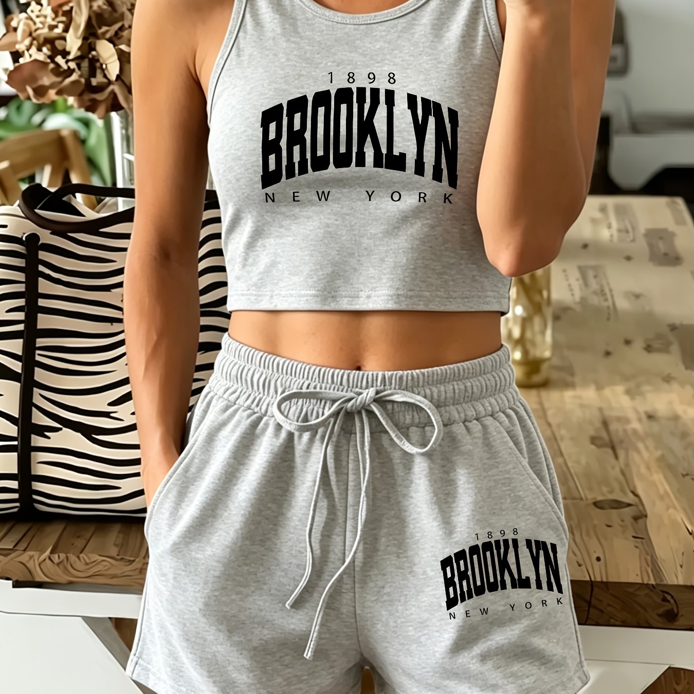TEMU Traje casual de mujer con bolsillo inclinado, conjunto de dos piezas con estampado , chaleco y pantalones cortos, Ropa de mujer