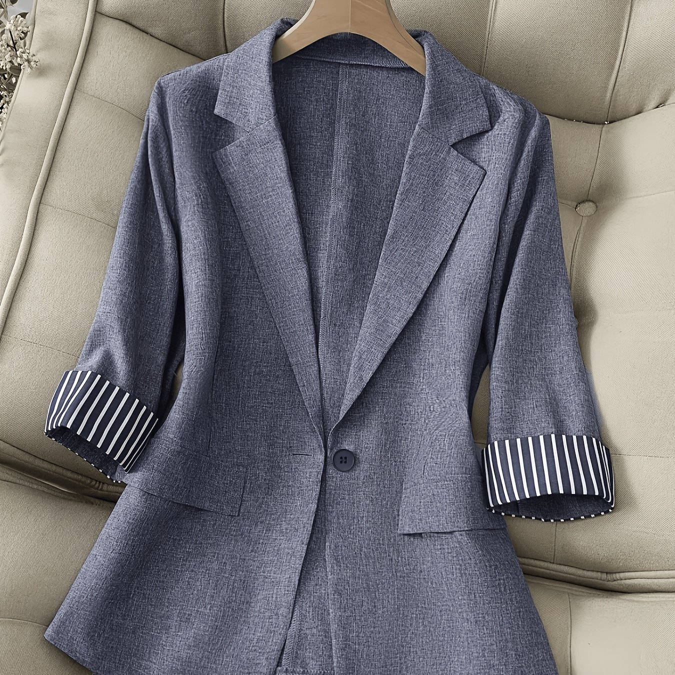 TEMU New Women's Fashion Casual Office Lapel Striped Single-button Slim 3/4 Sleeve Women's Blazer, Style 603