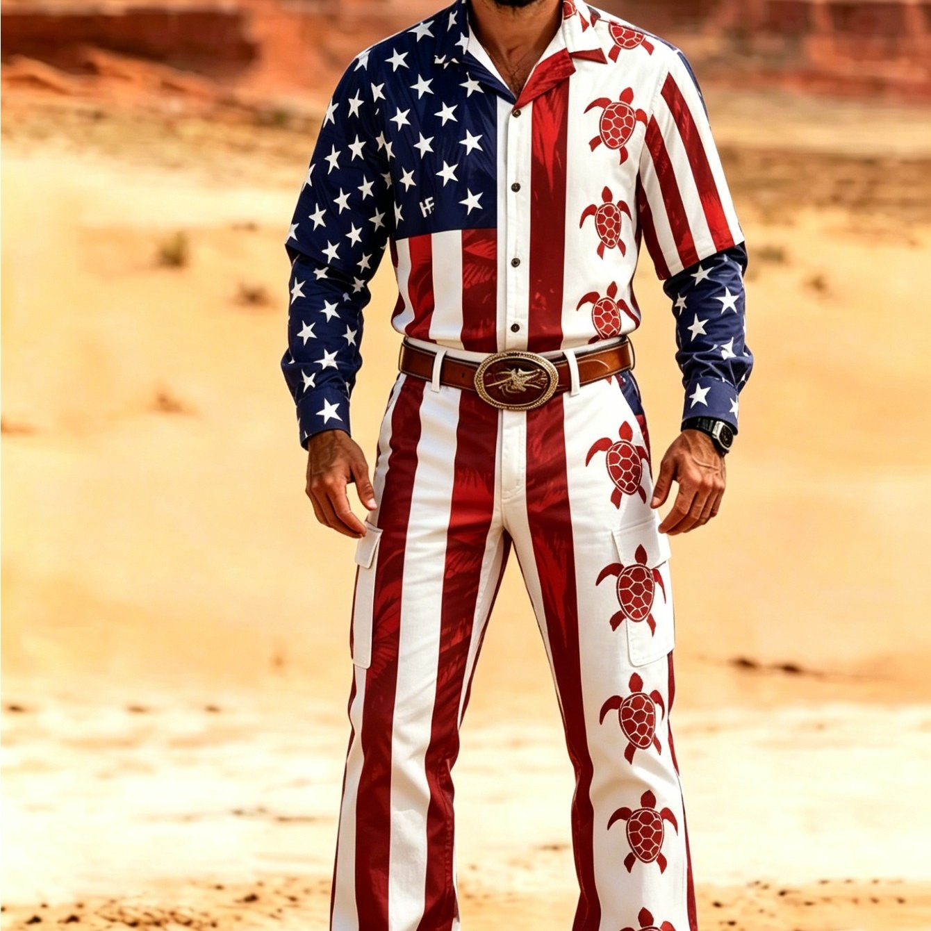 Image of Men's 2pcs Western Outfit, American Flag Cowboy Button- Long Sleeve Shirt And Cargo Pants Set, Patriotic Casual Suit