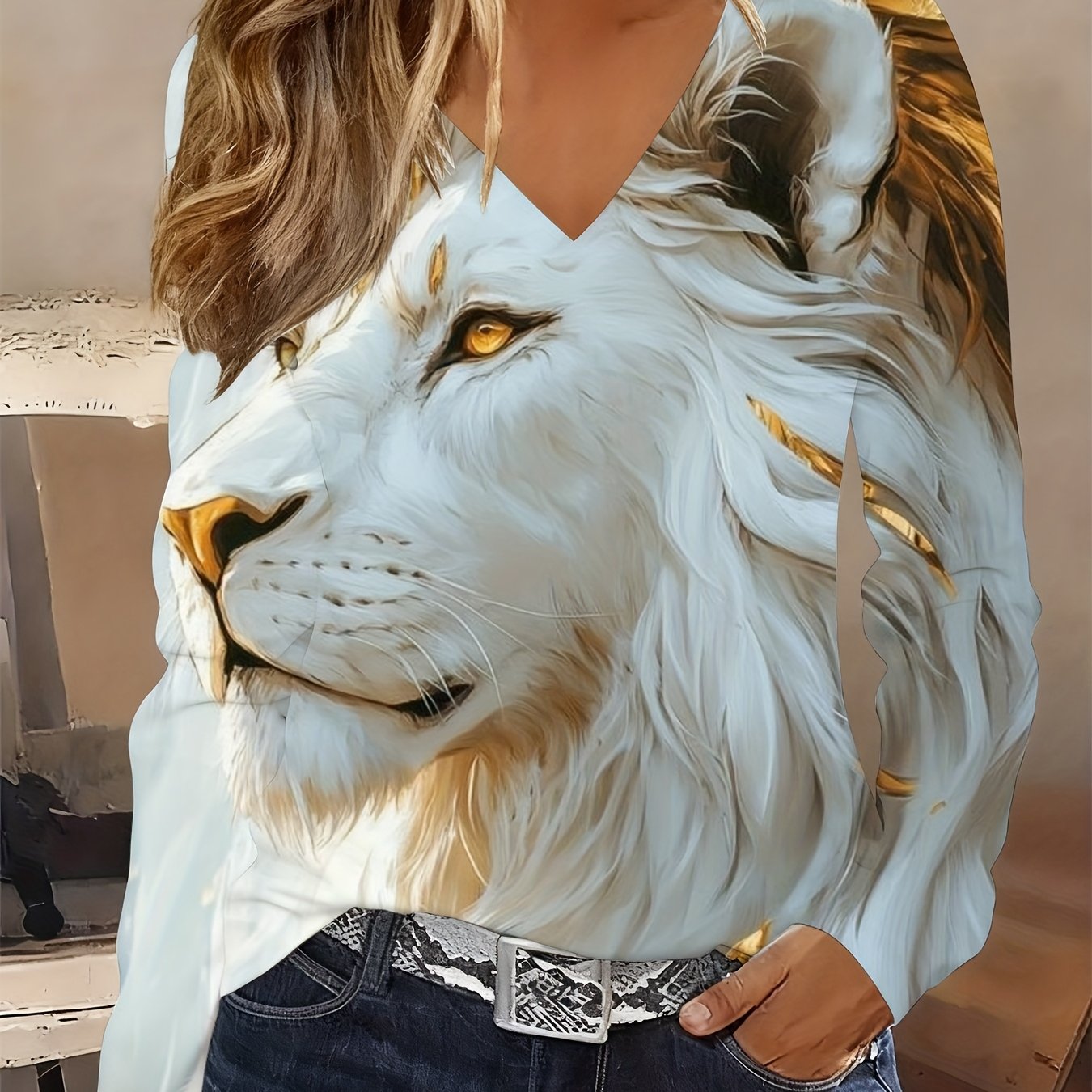 TEMU Ladies' Elegant And Fashionable Autumn And Winter V-neck Top, Warm Top For New Year And Valentine's Day Parties, Trendy Lion Print Design,
