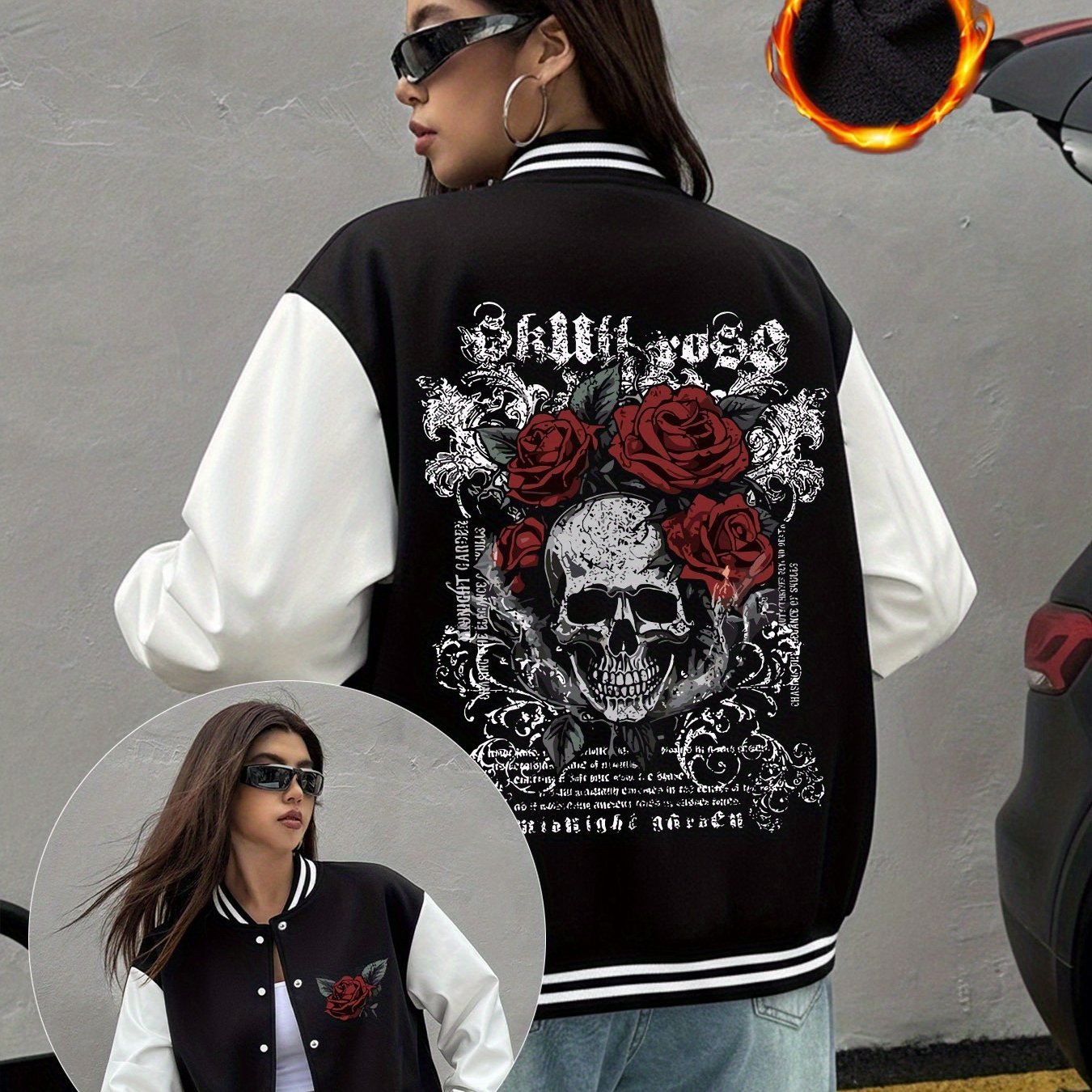 TEMU Veste de Baseball Femme Doublée à Imprimé Crâne avec Boutons Pression, Haut Sportif Décontracté pour Automne/Hiver, Idéal pour et les Activités