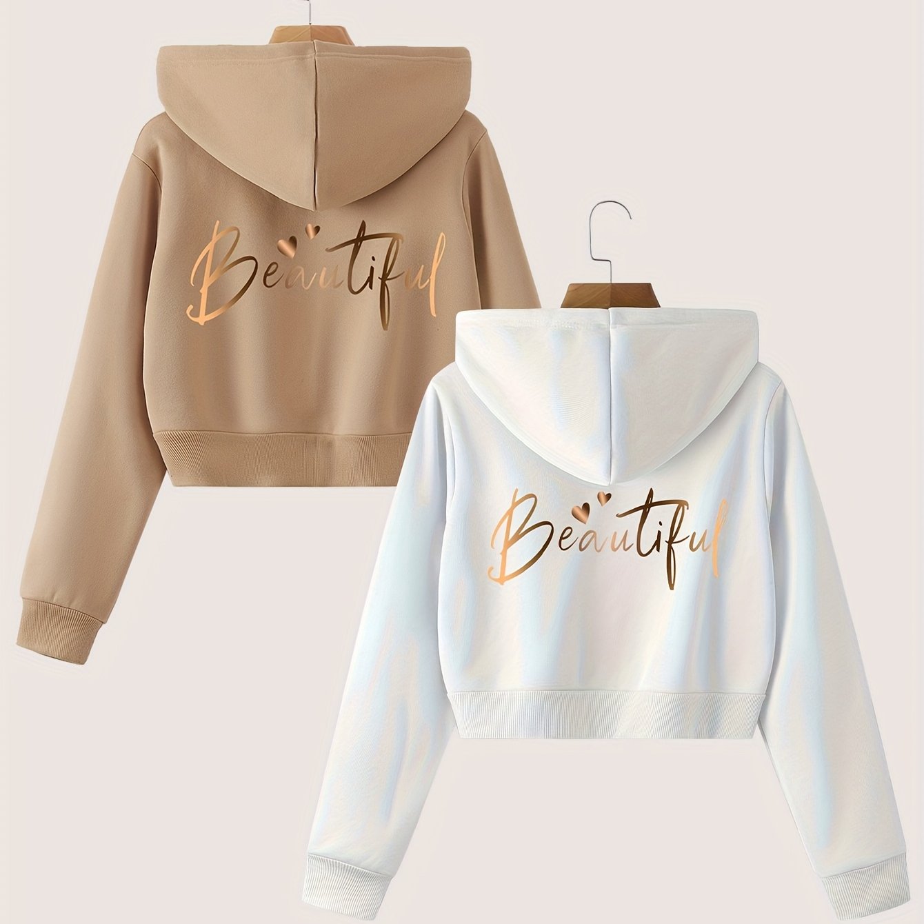 2pcs Casual Fashion Spring Autumn Short Length Hooded Zip-up Cardigan Printed Sweatshirt