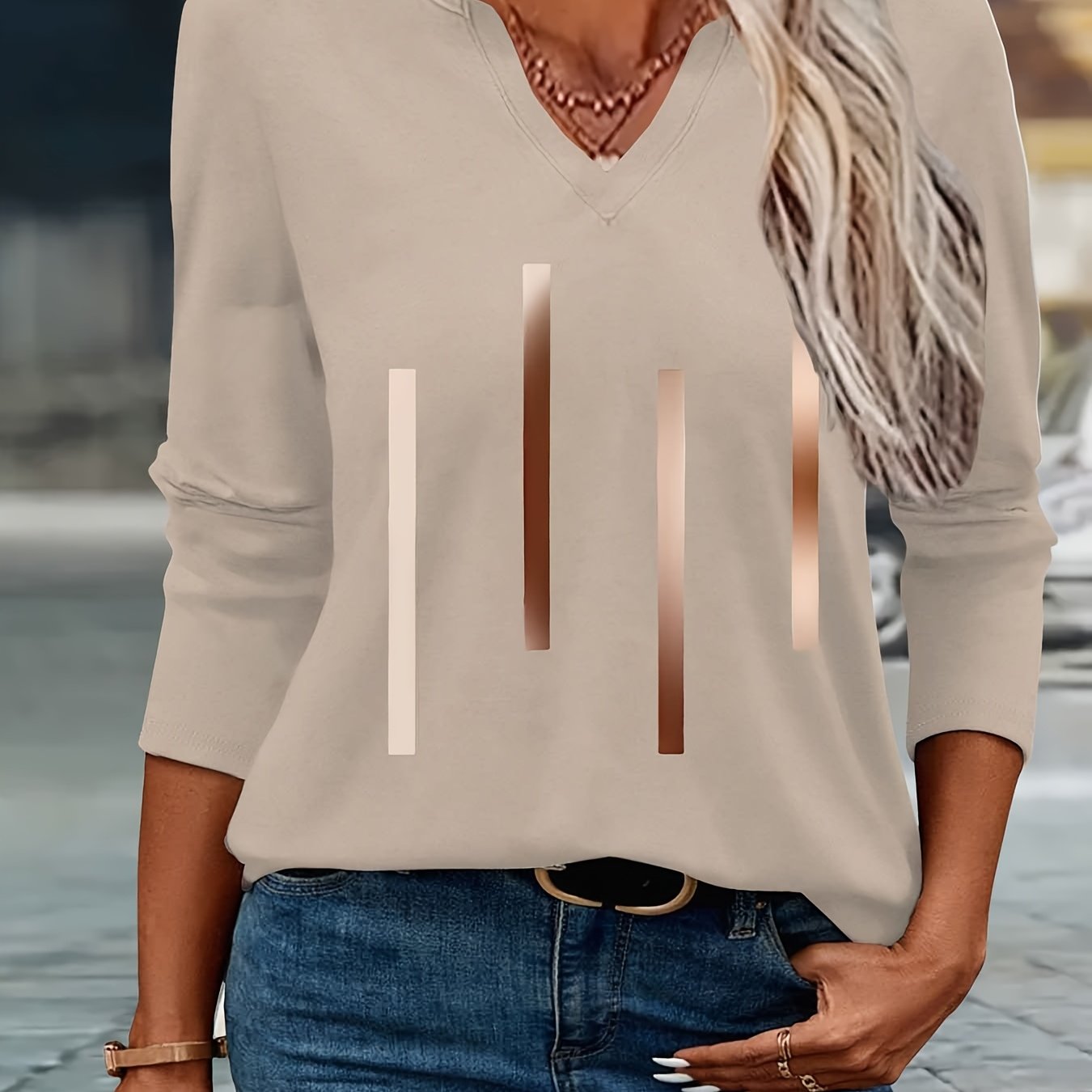 E-shop Zeichendruck Herbst- und Wintermode Beliebtes Damen Freizeit V-Ausschnitt 7-Arm T-Shirt, Elegantes Party V-Ausschnitt 7-Arm T-Shirt