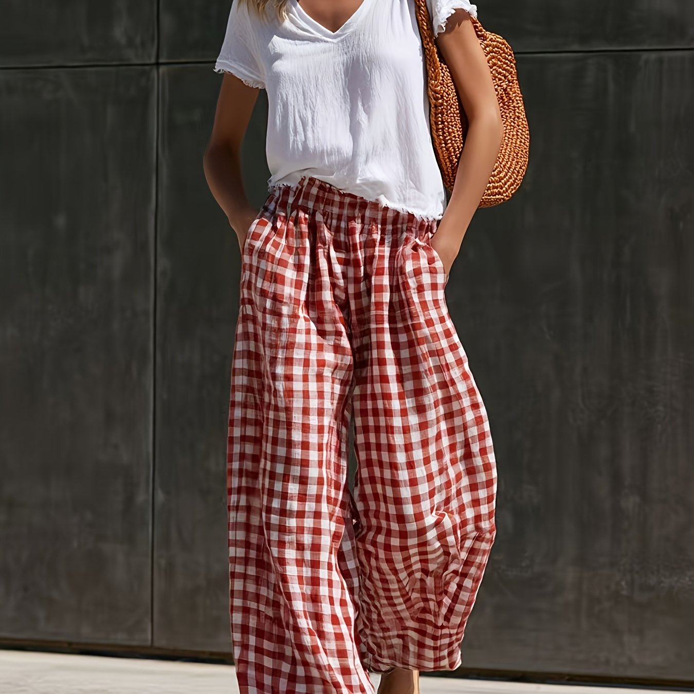 TEMU Women's Casual Vintage Red And White Trousers Zllz