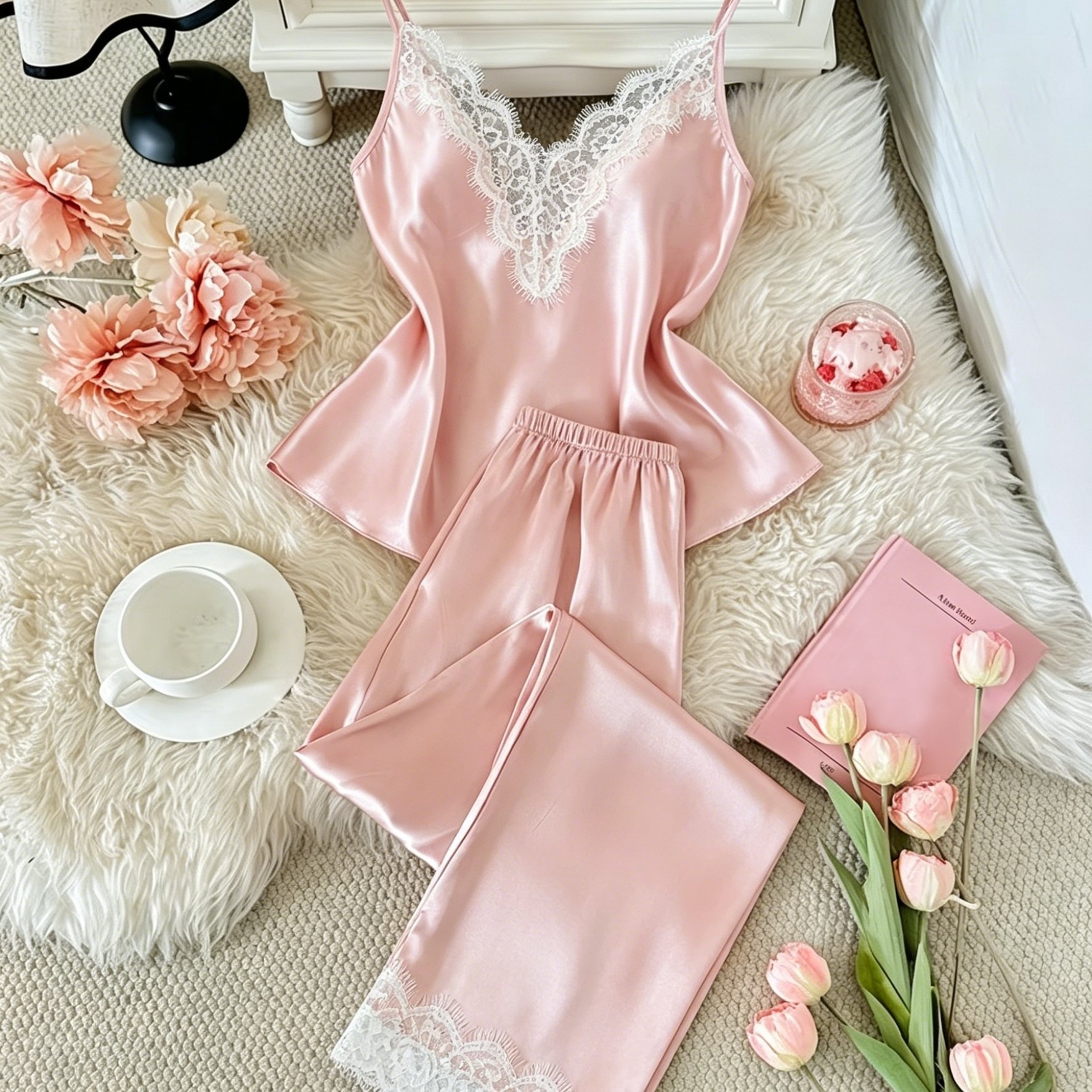 TEMU Romantic 2pcs Solid Color Contrast Lace Pajama Set, Spaghetti Strap Cami Top And Elastic Pants, Women's Comfortable Sleepwear And Loungewear