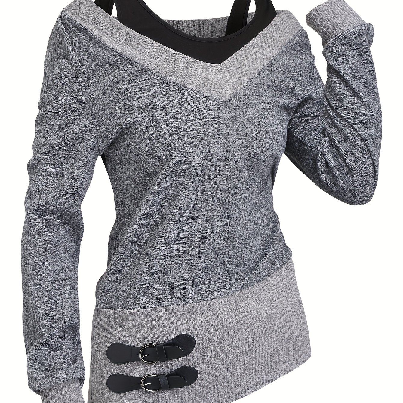 Women's Autumn/winter Vintage 2-in-1 Look Design Ribbed V-neck Long Sleeve Casual Comfortable Cute Pullover