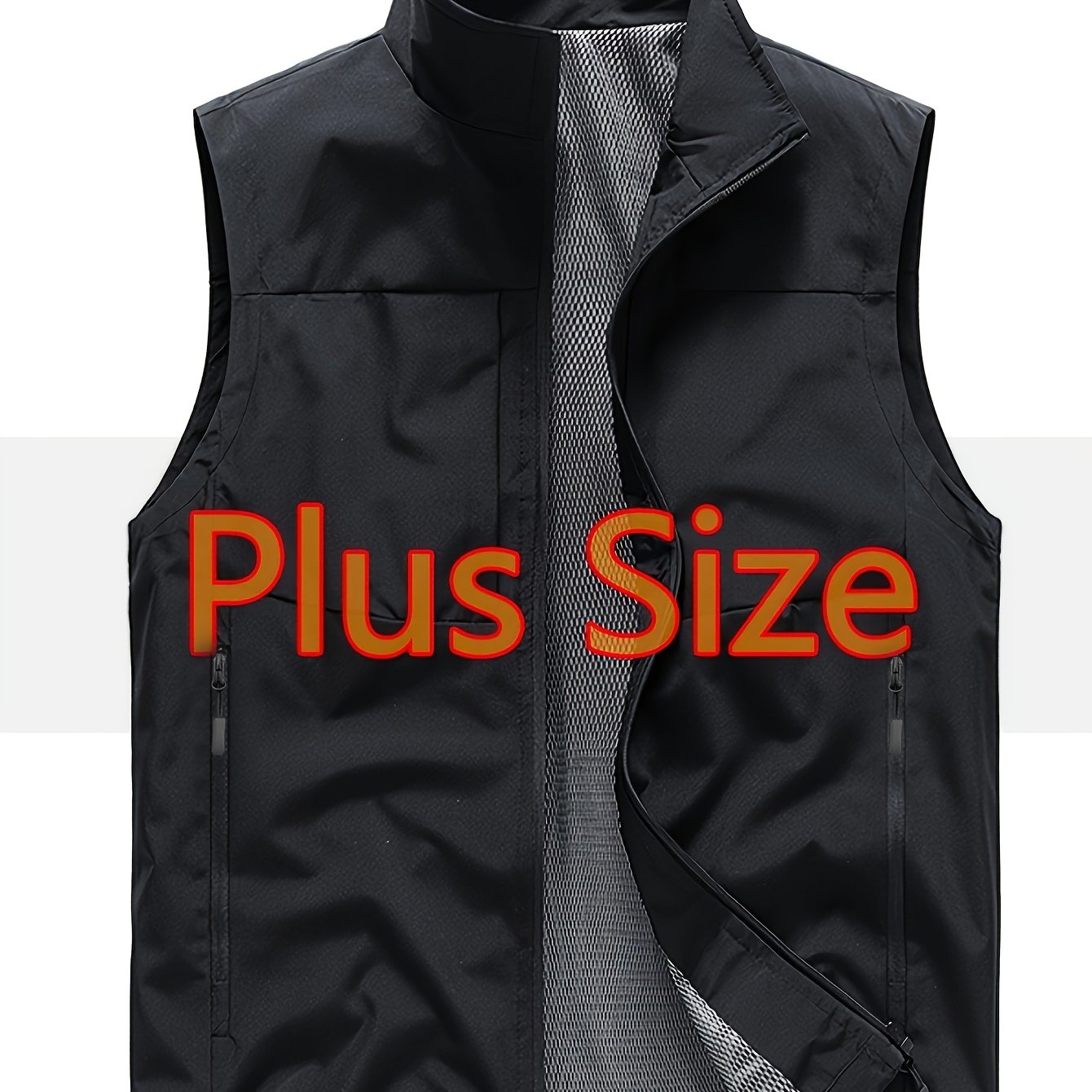 TEMU Plus Size Men's Stand Collar Vest, Spring/autumn Mesh Lined Sleeveless Jacket, Loose Casual Lightweight Workwear Vest, Outdoor Multi-pocket