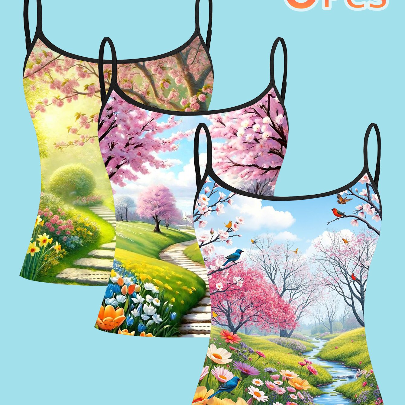 TEMU 3pcs Set Art Print Women' Strap Camisole Top With An Artistic And Feel