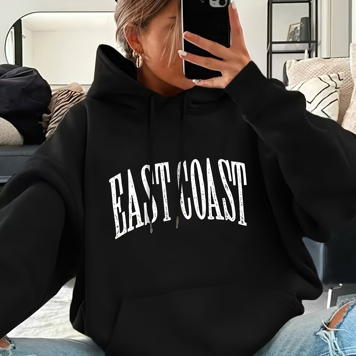TEMU Women's Graphic Hooded Sweatshirt - Black Sweater Hoodie With Lettering, Cozy Pullover Hoodie With Front Pocket, Machine Washable Fall/winter