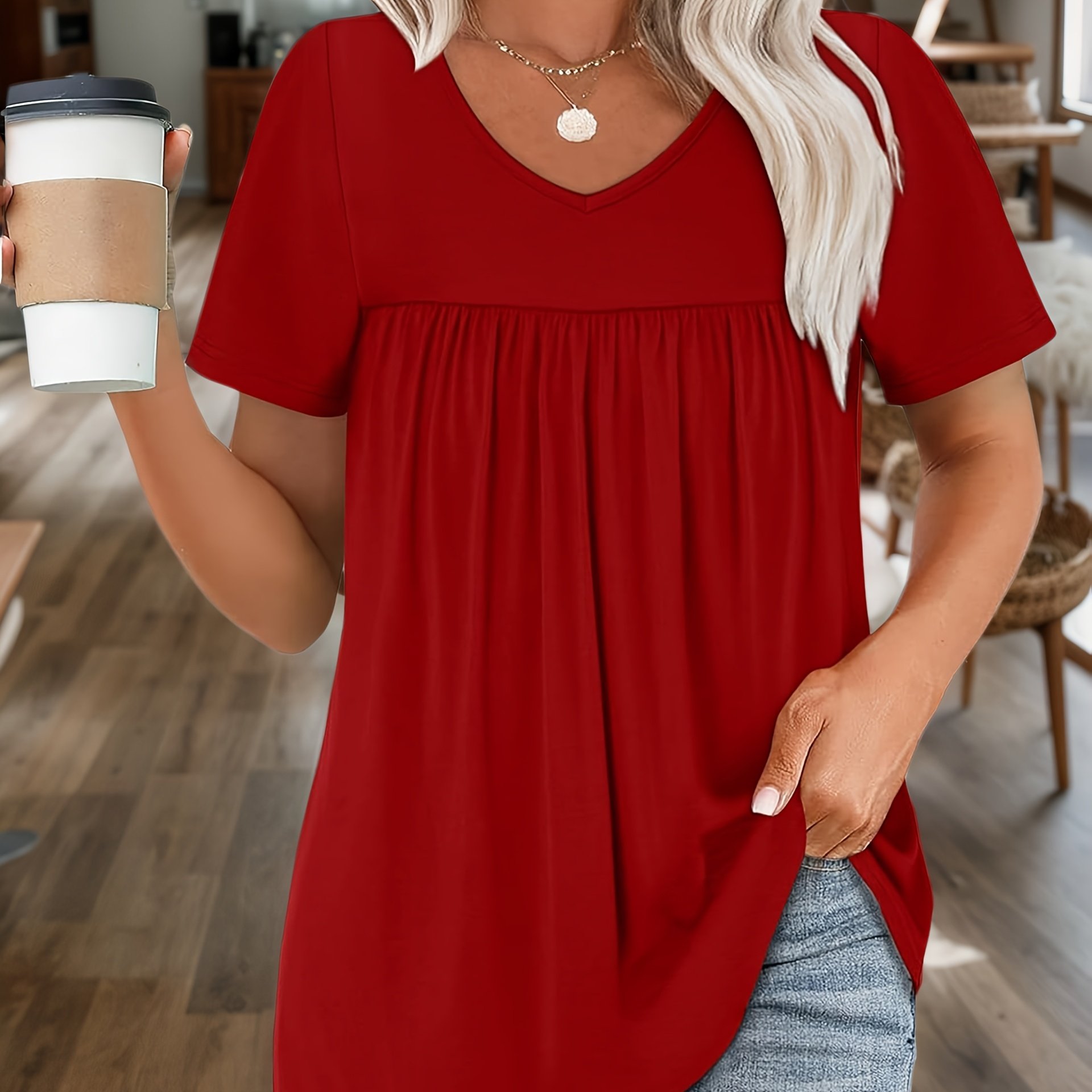 TEMU Plus Size, Plus-size Fashion V-neck Casual Short-sleeve Solid Color T-shirt