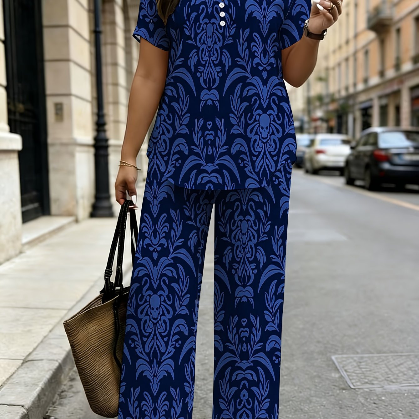 Image of Women's Fashion Two-piece Set, Baroque Acanthus Scroll Print V-neck And Fake Button Short Sleeves With Wide-leg Trousers, Suitable For Daily And Casual