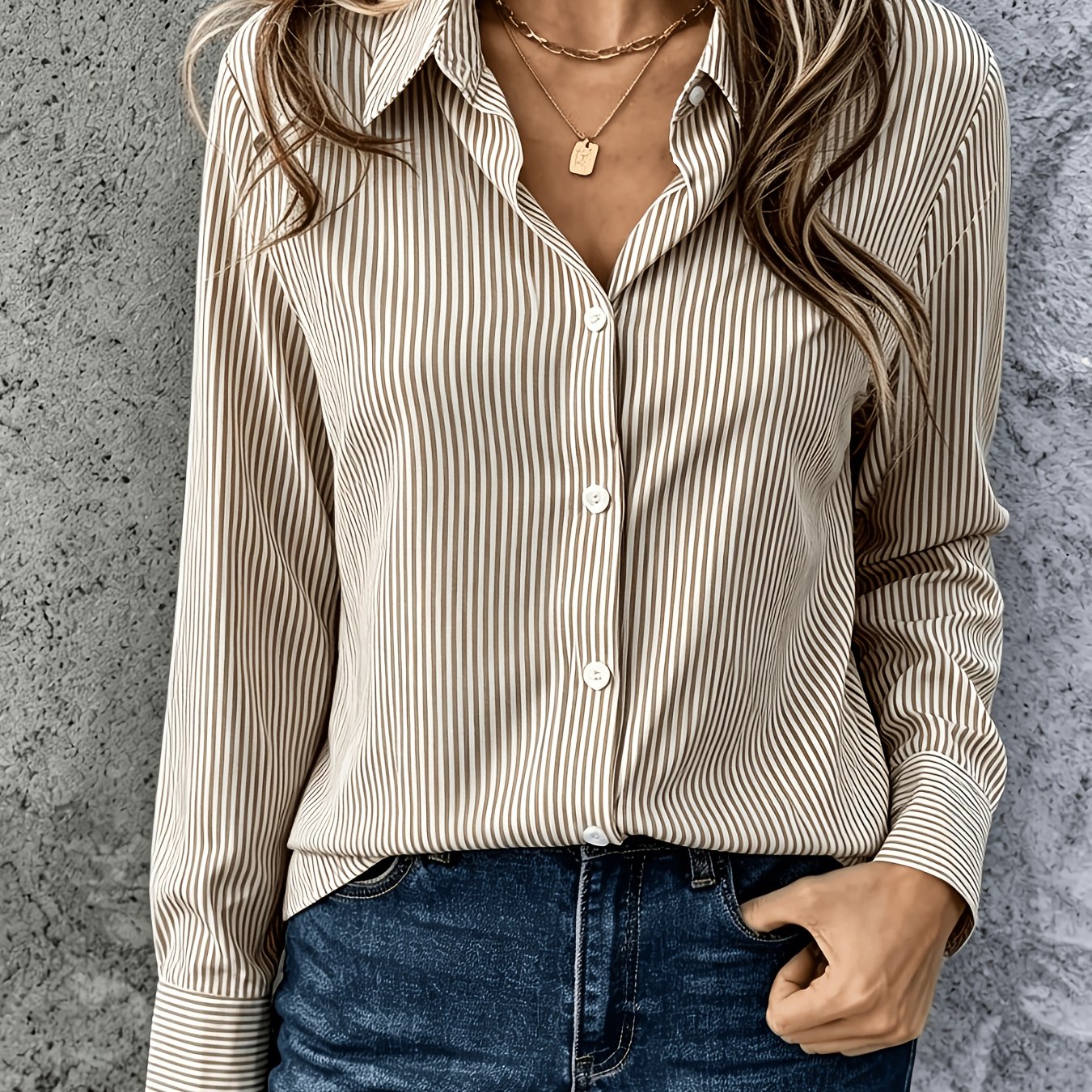TEMU Chemise rayée décontractée pour femmes, bleue, violette, rose, , col à manches longues, légère, lavable en machine, pour une tenue décontractée,