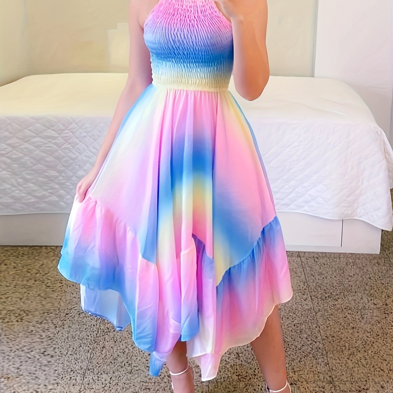 TEMU femme tendance et , robe longue maxi colorée dopamine à col nu dos nu et bretelles spaghetti, robe polyvalente et essentielle pour , les fêtes,