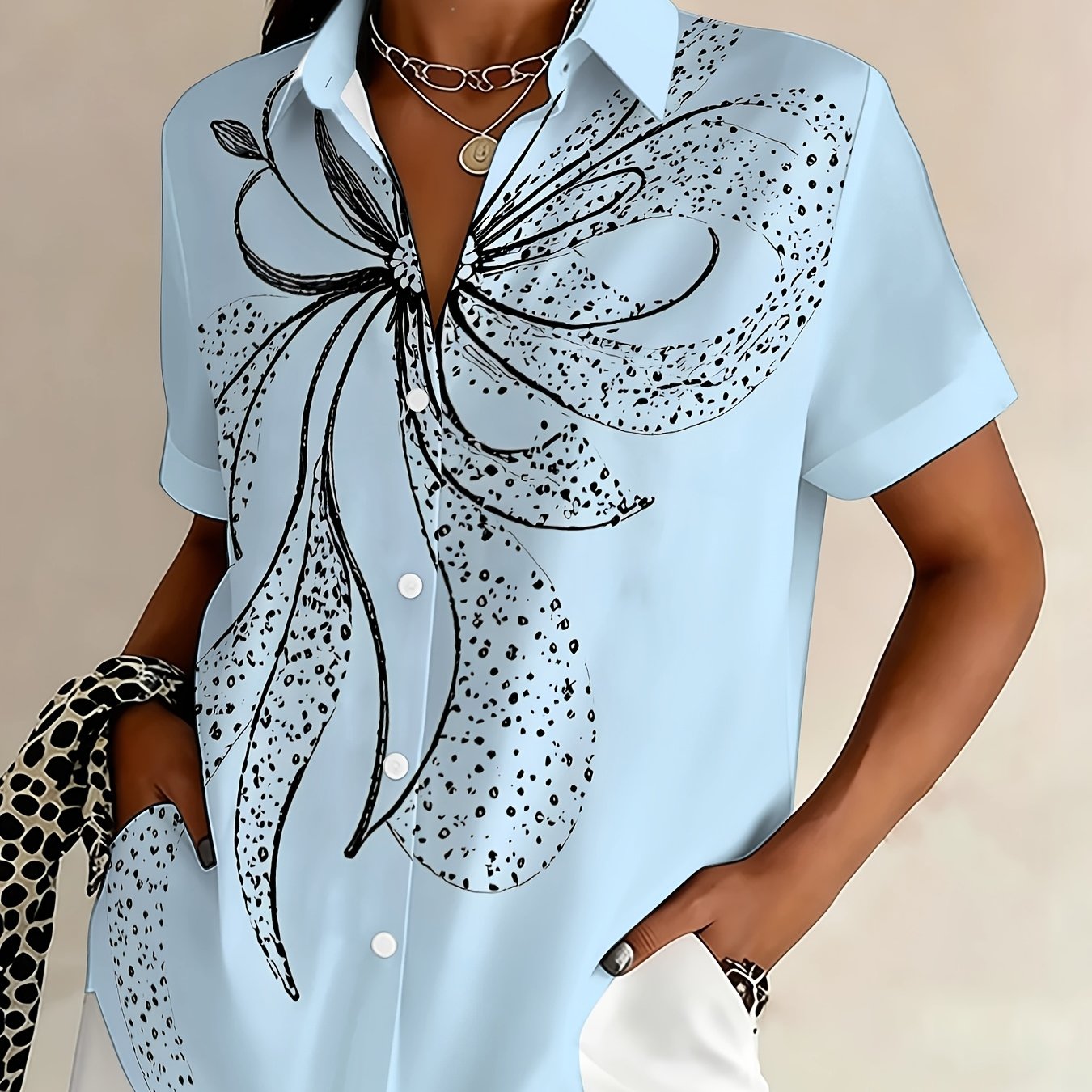 TEMU Plus Size, European And Plus-size Women's Fashion Short-sleeve Lapel Shirt, Exquisite Floral Line Drawing Print, , Suitable For Daily Wear,
