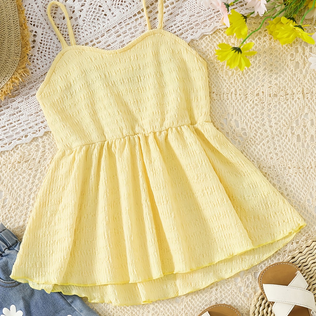 Single Piece Camisole, Summer Girls' Knitted Texture, Design, Sense , Asymmetrical Hem, , Yellow Vest, Versatile For Going Out And Playing, Camisole T-shirt