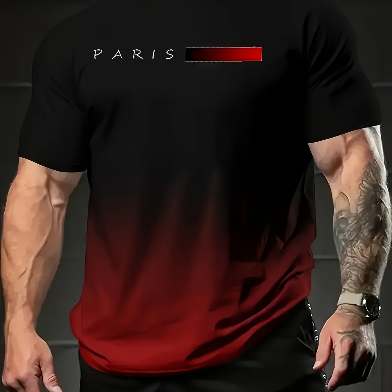 TEMU Size Men's 3d Printed T-shirt - Plus Size Fashion Top, Casual Sports Design, Gradient Paris Graphic Print, Breathable Stretch Polyester Fabric,